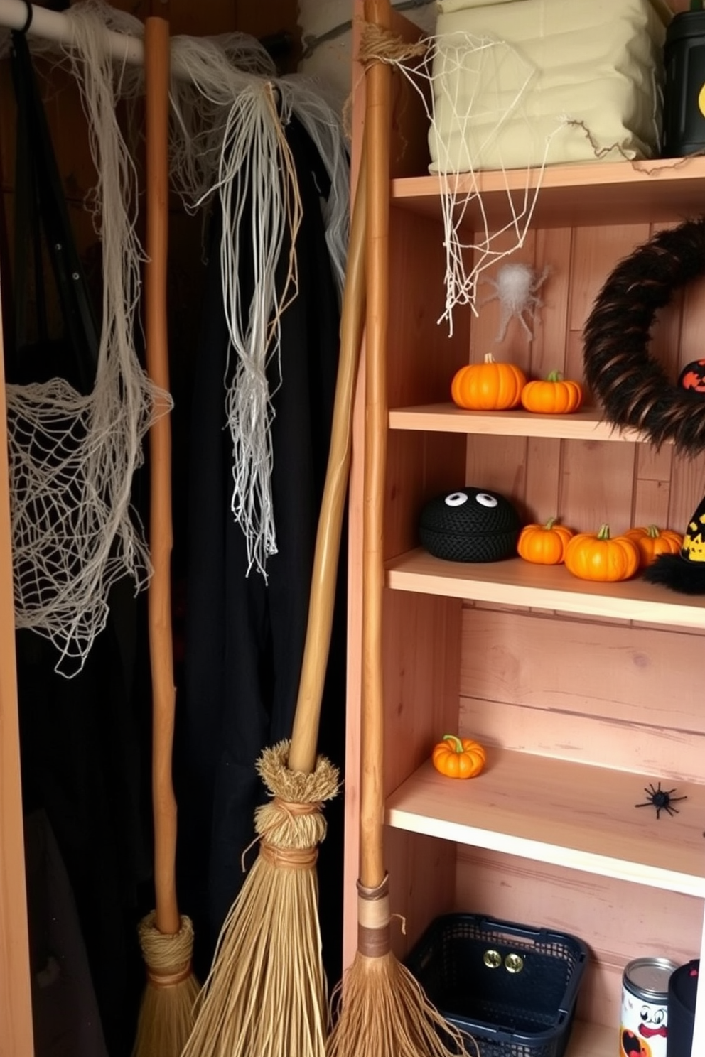 Witch brooms are casually leaning against a rustic wooden wall, creating a whimsical Halloween atmosphere. The closet features an array of spooky decorations, including hanging cobwebs and miniature pumpkins scattered on the shelves.