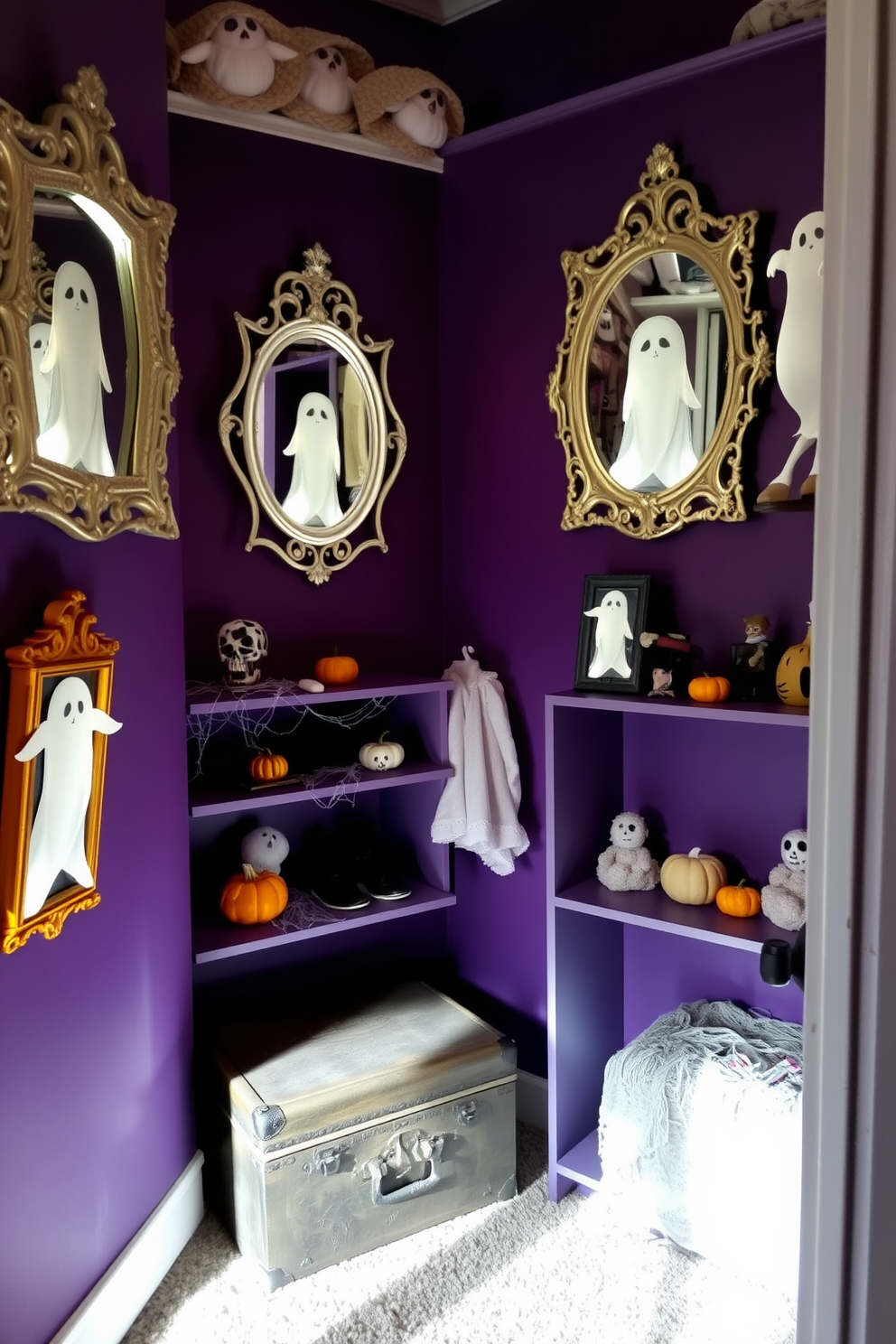 A whimsical closet space adorned with decorative mirrors featuring ghostly frames that create an enchanting atmosphere. The walls are painted in a deep purple hue, and soft lighting casts playful shadows around the room. Spooky accents like cobwebs and small pumpkins are scattered throughout the shelves. A vintage trunk serves as a stylish storage solution, adding charm to the Halloween-themed decor.