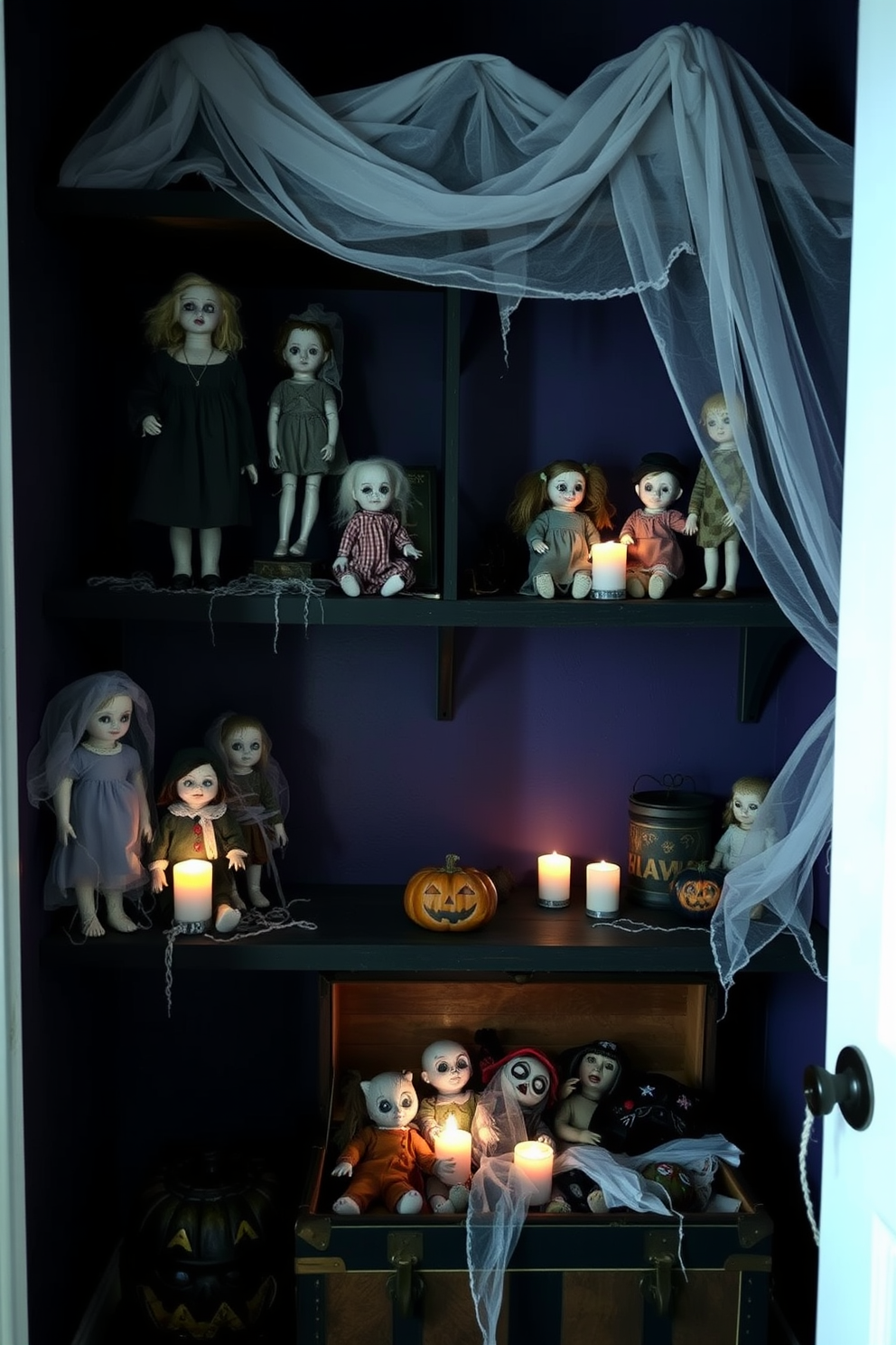 Creepy dolls with cracked porcelain faces and tattered clothing are arranged on dark wooden shelves, casting eerie shadows in the dim light. Each shelf is adorned with cobwebs and flickering candlelight, enhancing the spooky atmosphere of the Halloween closet. The walls are painted in a deep, moody purple, while a vintage trunk filled with Halloween decorations sits in the corner. Ghostly white fabric drapes over the shelves, adding an unsettling touch to the overall design.