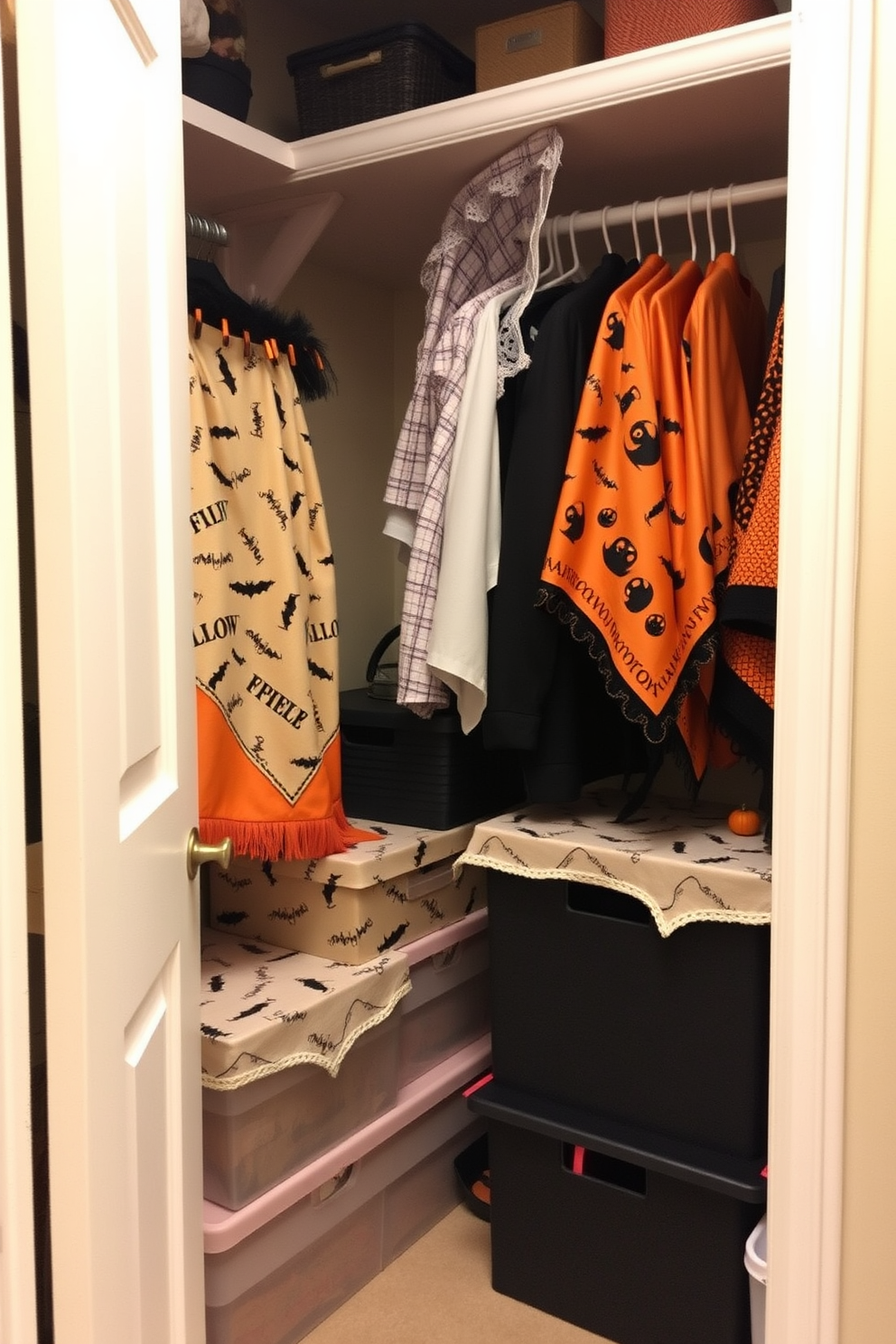 A cozy Halloween closet decorated with festive tablecloths draped over neatly stacked storage boxes. The closet features a warm autumn color palette with orange and black accents, creating a playful yet sophisticated atmosphere.