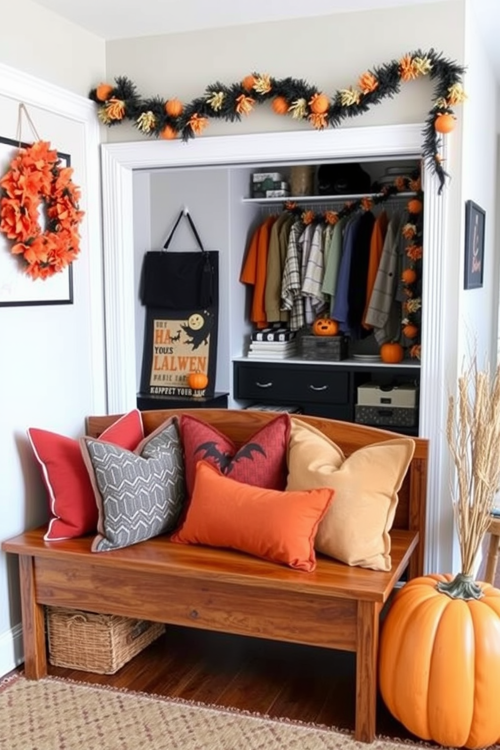 Create a cozy entryway featuring a long wooden bench adorned with seasonal throw pillows in autumn colors. The backdrop includes a stylish closet with Halloween-themed decorations such as spooky garlands and themed artwork.