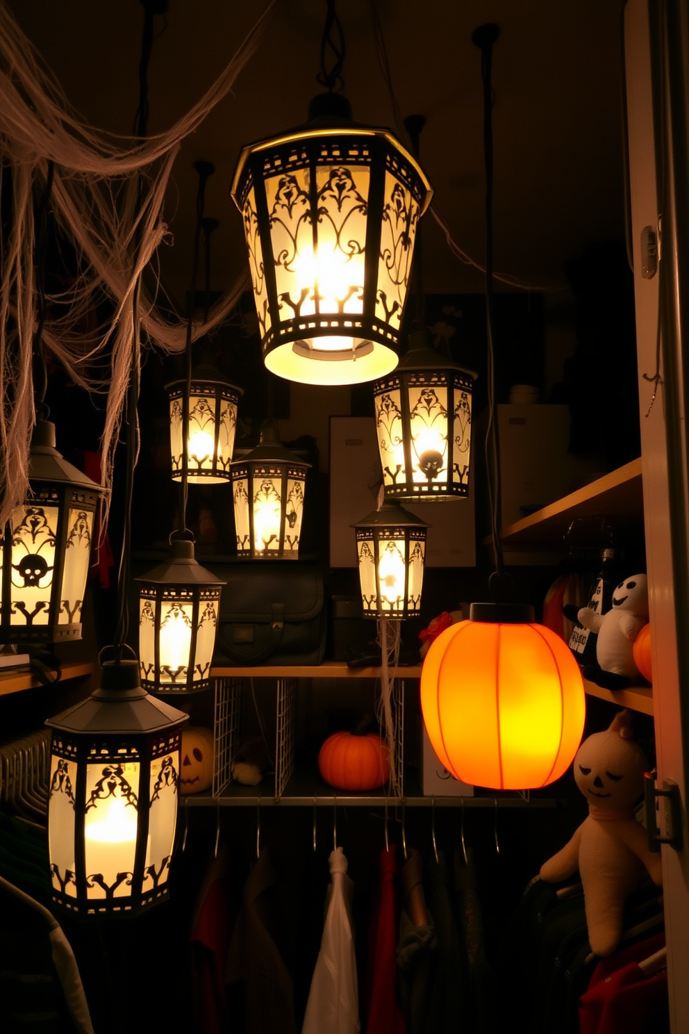 Hanging lanterns cast an eerie glow throughout the space, illuminating the dark corners with flickering candlelight. The lanterns are adorned with intricate designs and are suspended from the ceiling at varying heights to create a whimsical yet spooky atmosphere. The closet is transformed into a Halloween haven with themed decorations, including cobwebs draping from the shelves and spooky silhouettes on the walls. Plush pumpkins and ghostly figures are strategically placed among the clothing, adding a playful touch to the seasonal display.