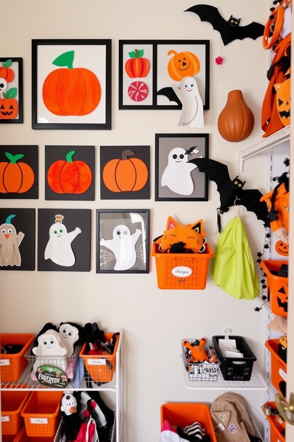 A creative display of DIY Halloween artwork is showcased on a gallery wall. The artwork features colorful pumpkins, spooky ghosts, and whimsical bats crafted from various materials. The Halloween closet is adorned with festive decorations that bring the spirit of the season indoors. Shelves are lined with themed accessories, including orange and black bins filled with costumes and accessories.