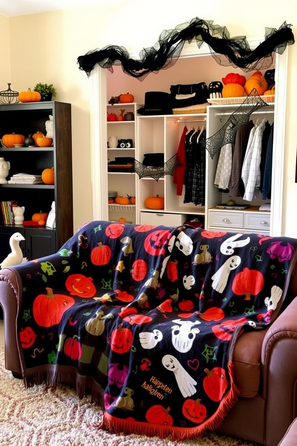 A cozy living room adorned with colorful Halloween themed throw blankets draped over a plush sofa. The blankets feature vibrant patterns of pumpkins, ghosts, and autumn leaves, creating a festive atmosphere. A well-organized closet decorated with Halloween elements such as miniature pumpkins and string lights. The shelves are lined with seasonal accessories, and a spooky garland hangs across the top, adding a playful touch.