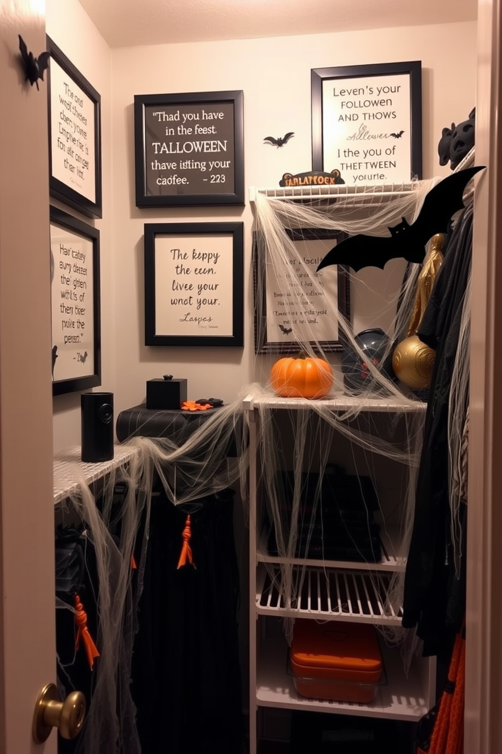 A whimsical Halloween closet featuring a witch's hat perched atop a vintage wooden storage trunk. The walls are adorned with orange and black garlands, and spooky decorations hang from the ceiling, creating a festive atmosphere.