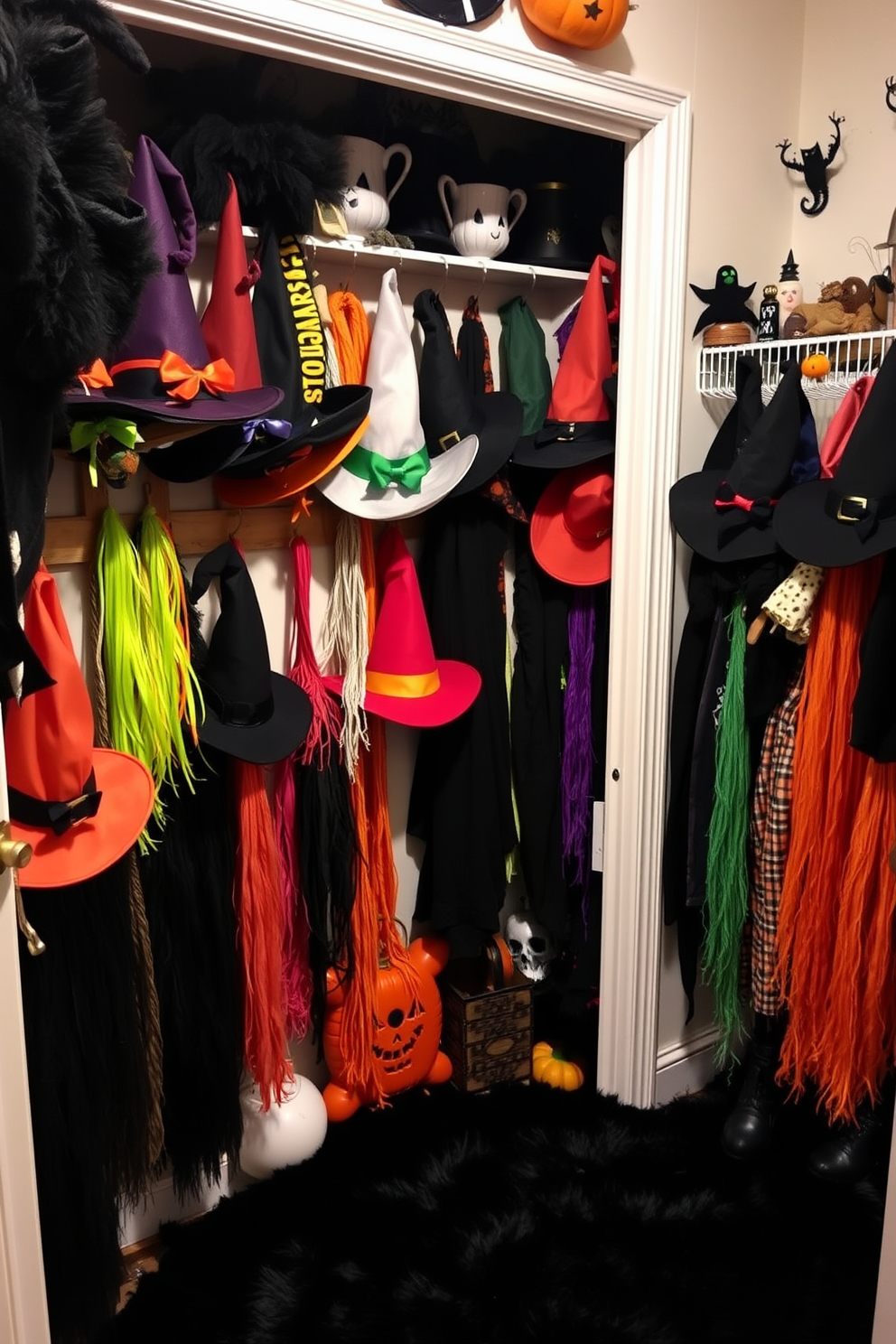 A whimsical Halloween closet featuring an array of colorful witch hats displayed on rustic wooden hooks. The closet walls are adorned with spooky decorations, and a plush black carpet adds a cozy touch to the festive atmosphere.