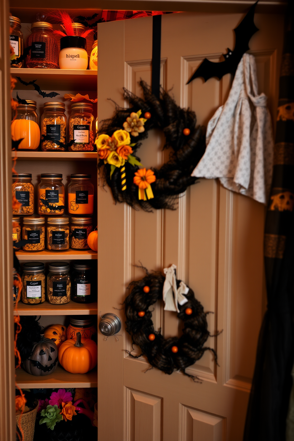 A cozy Halloween closet filled with seasonal scents in decorative jars. The closet features a mix of orange and black decorations, with spooky-themed jars lined on the shelves, each filled with autumn spices and fragrances. Bats and pumpkins are scattered throughout, adding a festive touch. A whimsical wreath hangs on the door, inviting guests to explore the seasonal treasures within.