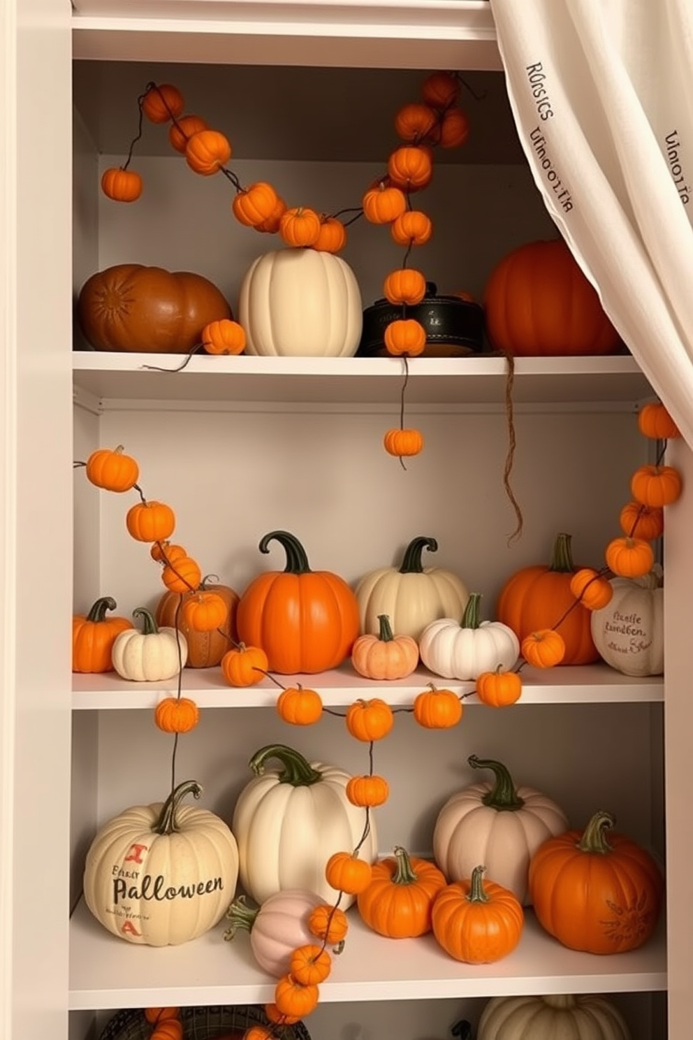 A cozy Halloween closet filled with festive pumpkin garlands draped elegantly across the shelves. The shelves are adorned with a mix of decorative pumpkins in various sizes and colors, creating a warm and inviting atmosphere.