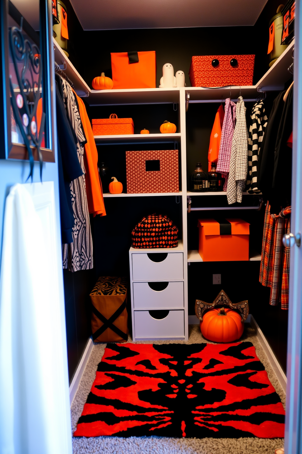 A Halloween-themed closet decorated in a striking black and orange color scheme. The walls are painted in a deep black, while vibrant orange accents are added through decorative items and storage solutions. Shelves are adorned with spooky decorations like miniature pumpkins and ghost figurines. A stylish black and orange patterned rug lies on the floor, adding warmth and festivity to the space.