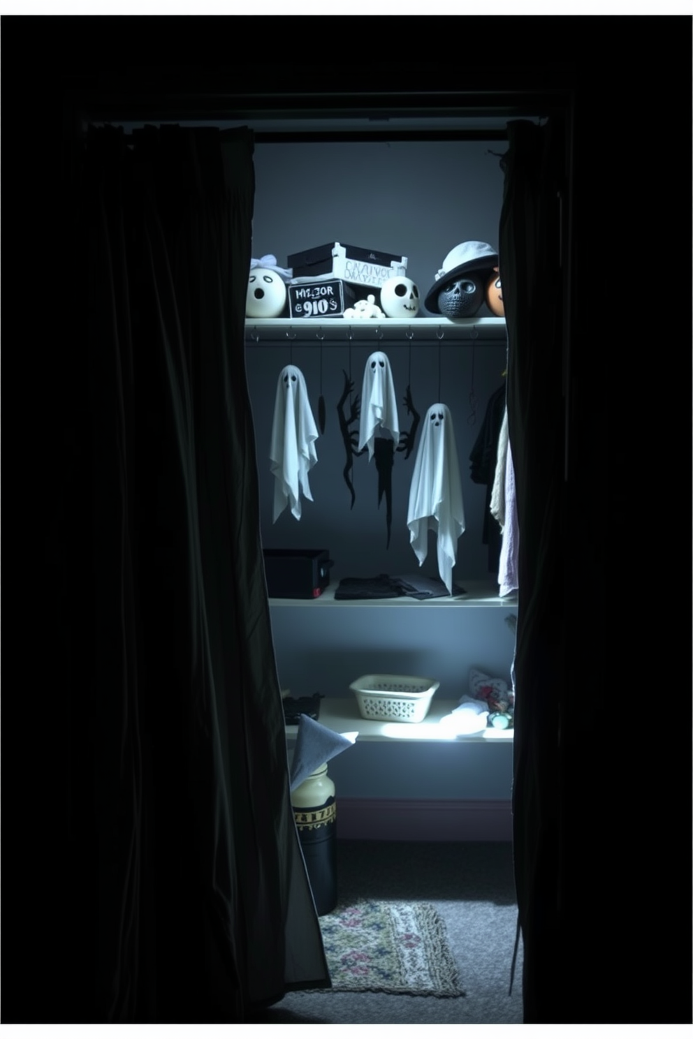 A spooky closet scene for Halloween. The doors are covered with tattered cloth, creating an eerie atmosphere. Inside the closet, ghostly decorations hang from the shelves. Dim lighting casts shadows, enhancing the haunting effect of the decor.