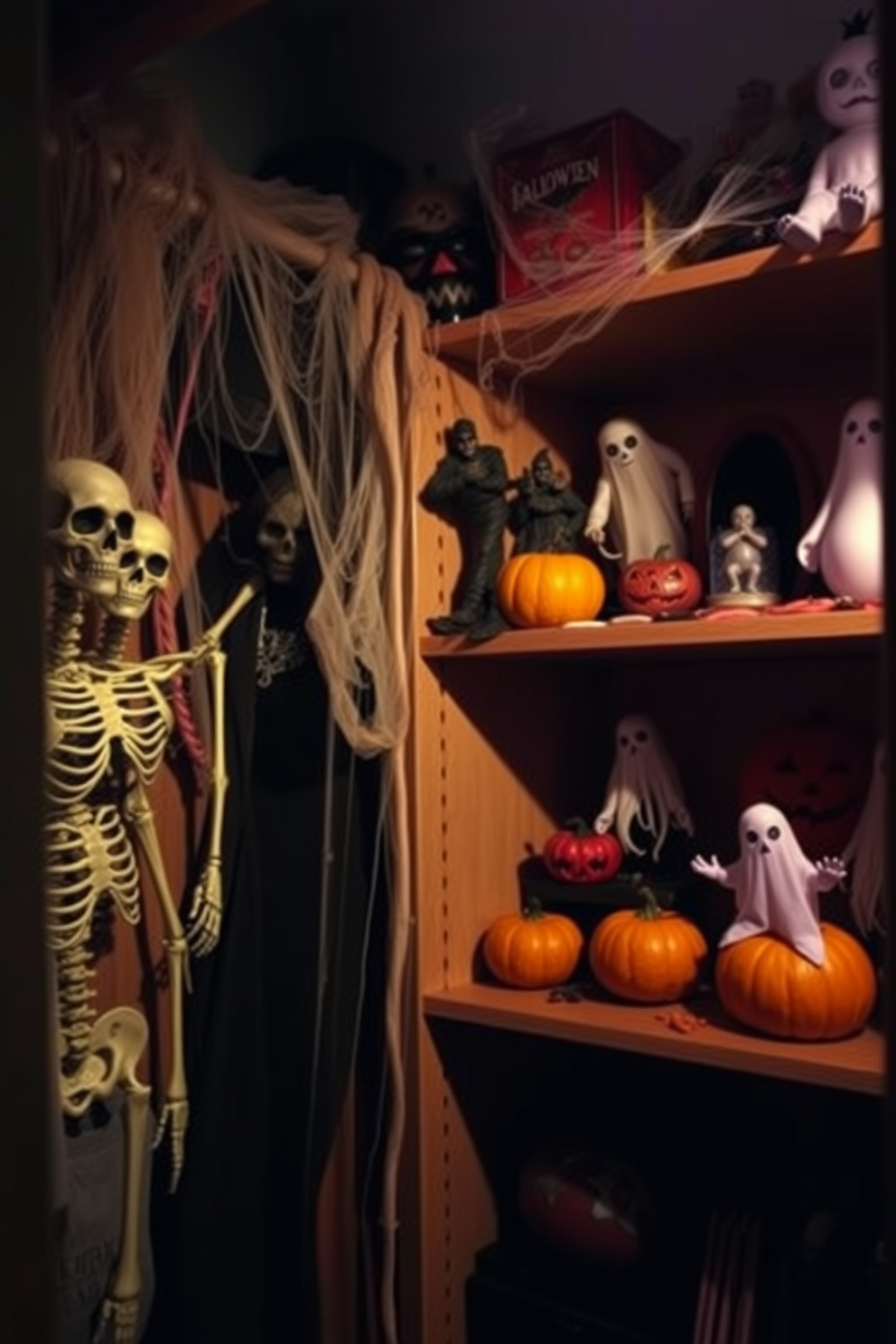 A spooky closet setting for Halloween. Skeletons are peeking from the corners of the closet, surrounded by cobwebs and eerie decorations. The shelves are filled with Halloween-themed items like pumpkins and ghostly figures. Dim lighting casts shadows, enhancing the haunting atmosphere of the space.