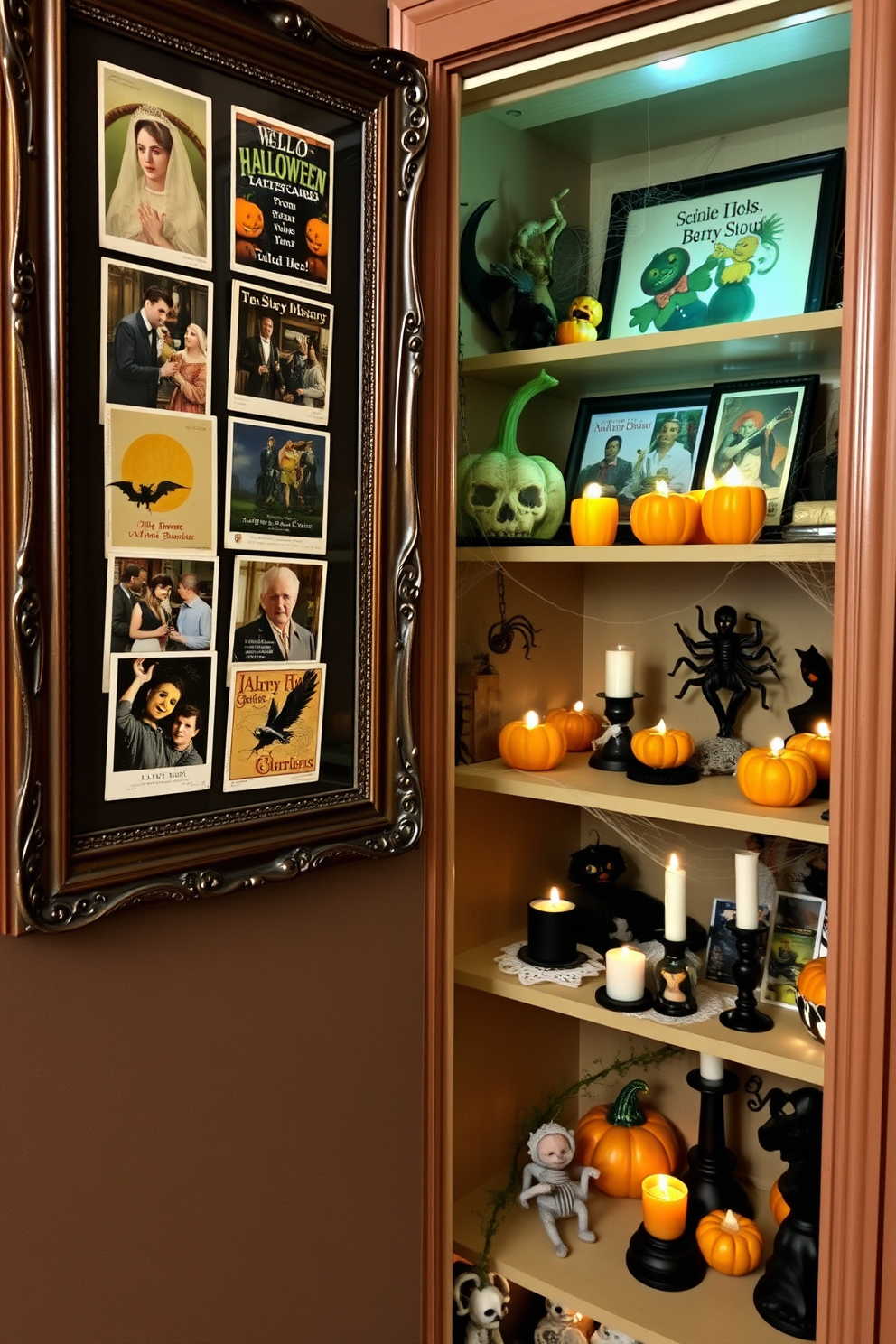 Vintage Halloween postcards on display in an elegant wooden frame. The postcards feature classic Halloween imagery with rich colors and intricate designs. A cozy Halloween closet decorated with themed decorations. The shelves are adorned with miniature pumpkins, spider webs, and flickering LED candles.