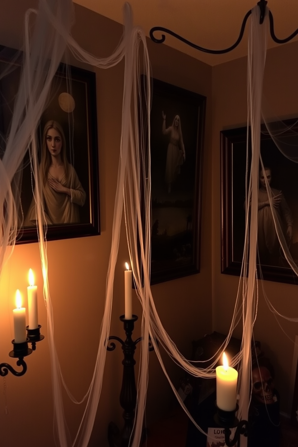 A spooky living room adorned with creepy cobwebs draping from the corners and ceilings. The dim lighting casts eerie shadows, enhancing the haunting atmosphere while scattered pumpkins and ghostly decorations complete the Halloween theme.