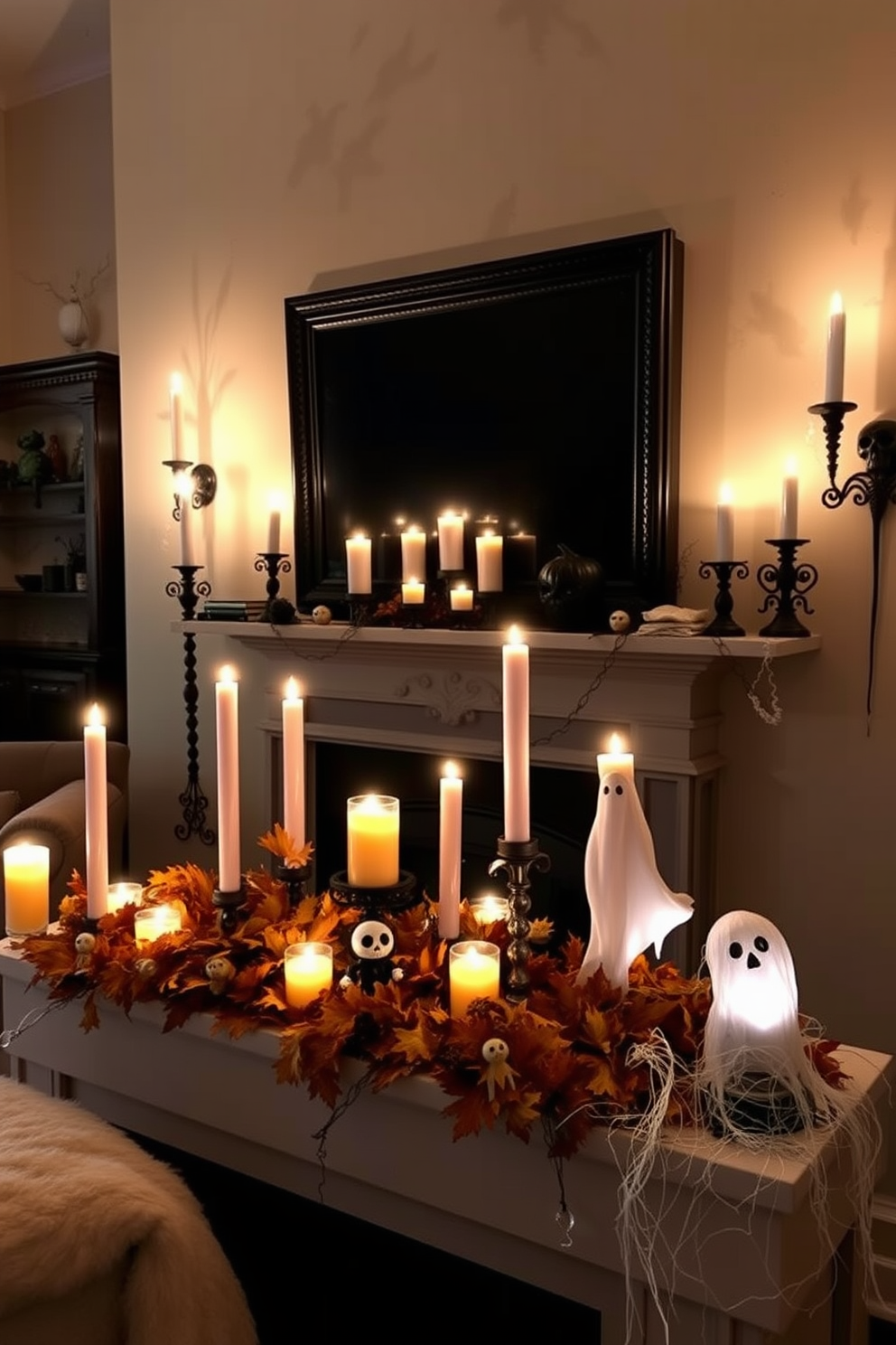 A cozy living room adorned for Halloween. The mantel is draped with faux spider webs, creating an eerie yet inviting atmosphere. Ghostly decorations hang from the ceiling, while small pumpkins are scattered across the coffee table. Flickering candles in glass holders add a warm glow to the space.