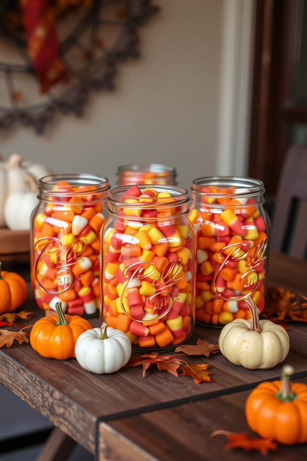 A charming Halloween display featuring mason jars filled with colorful candy corn. The jars are arranged on a rustic wooden table adorned with autumn leaves and small pumpkins.