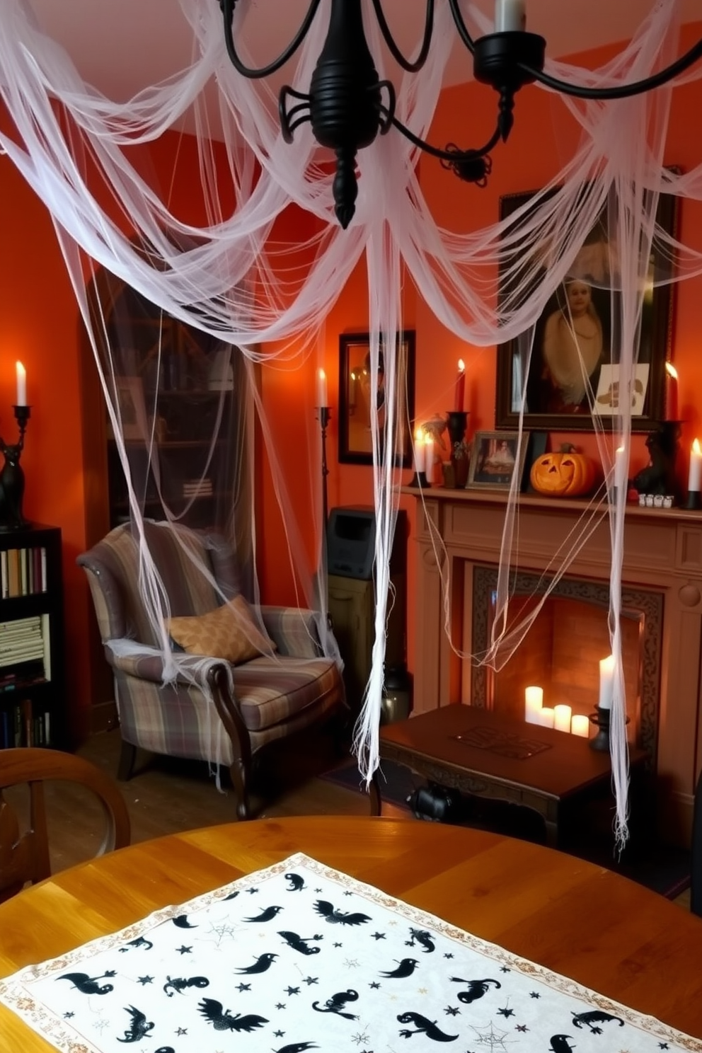 A cozy living room adorned with decorative spider webs draping over the vintage armchair and coffee table. The walls are painted in a deep orange hue, and a carved pumpkin sits on the mantelpiece, adding to the Halloween spirit. In the corner, a spooky black cat figurine perches atop a bookshelf, while flickering candlelight casts eerie shadows throughout the space. A festive table runner featuring ghostly patterns stretches across the dining table, completing the Halloween decorating theme.