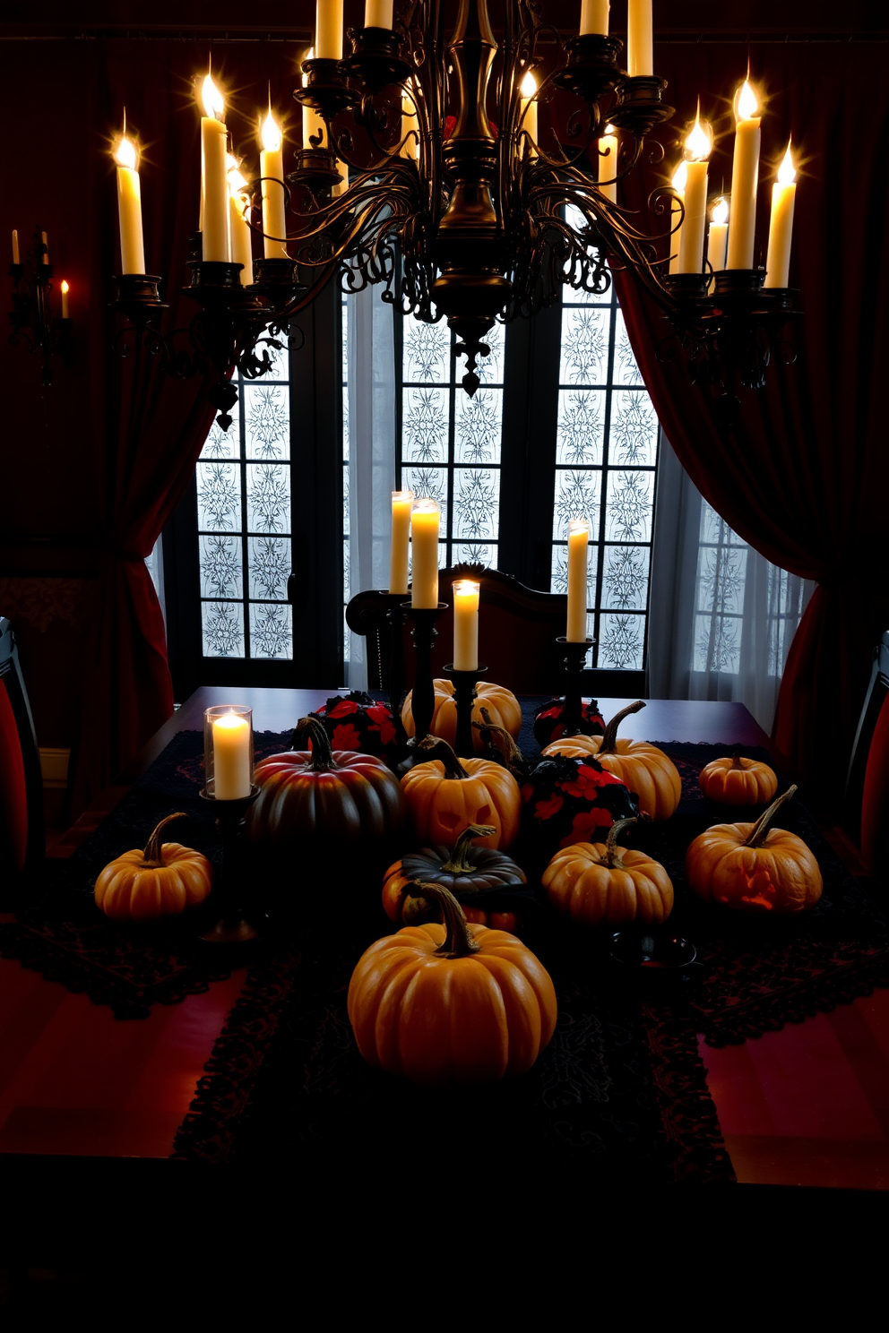 A dramatic gothic dining room setting. The table is adorned with ornate black candelabras, casting flickering shadows across the room, while rich, deep red and black accents create a hauntingly elegant atmosphere. Pumpkins of various sizes are scattered across the table, each carved with intricate designs. Dark velvet table runners and lace overlays add texture, enhancing the overall spooky yet sophisticated decor.