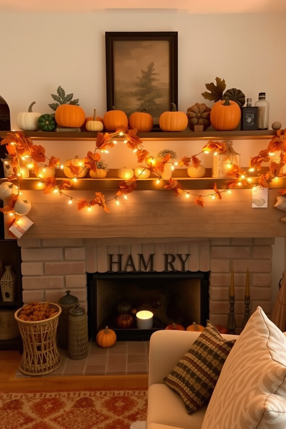 A cozy living room adorned with pumpkin garlands draped across rustic wooden shelves. The warm glow of string lights complements the autumnal decor, creating a festive and inviting atmosphere.