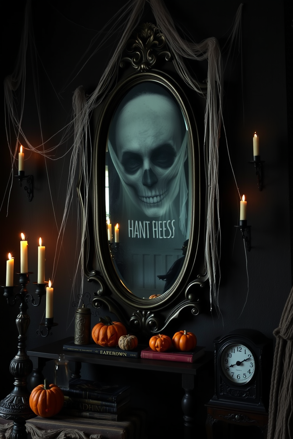 A haunted mirror hangs on the wall, its surface reflecting eerie and distorted images that send shivers down your spine. Surrounding the mirror, cobwebs drape from the corners, and flickering candles cast ghostly shadows across the room. The space is adorned with Halloween decorations, including carved pumpkins and dark, moody lighting that enhances the spooky atmosphere. On a nearby table, a collection of vintage books and an antique clock add to the haunting charm of the setting.