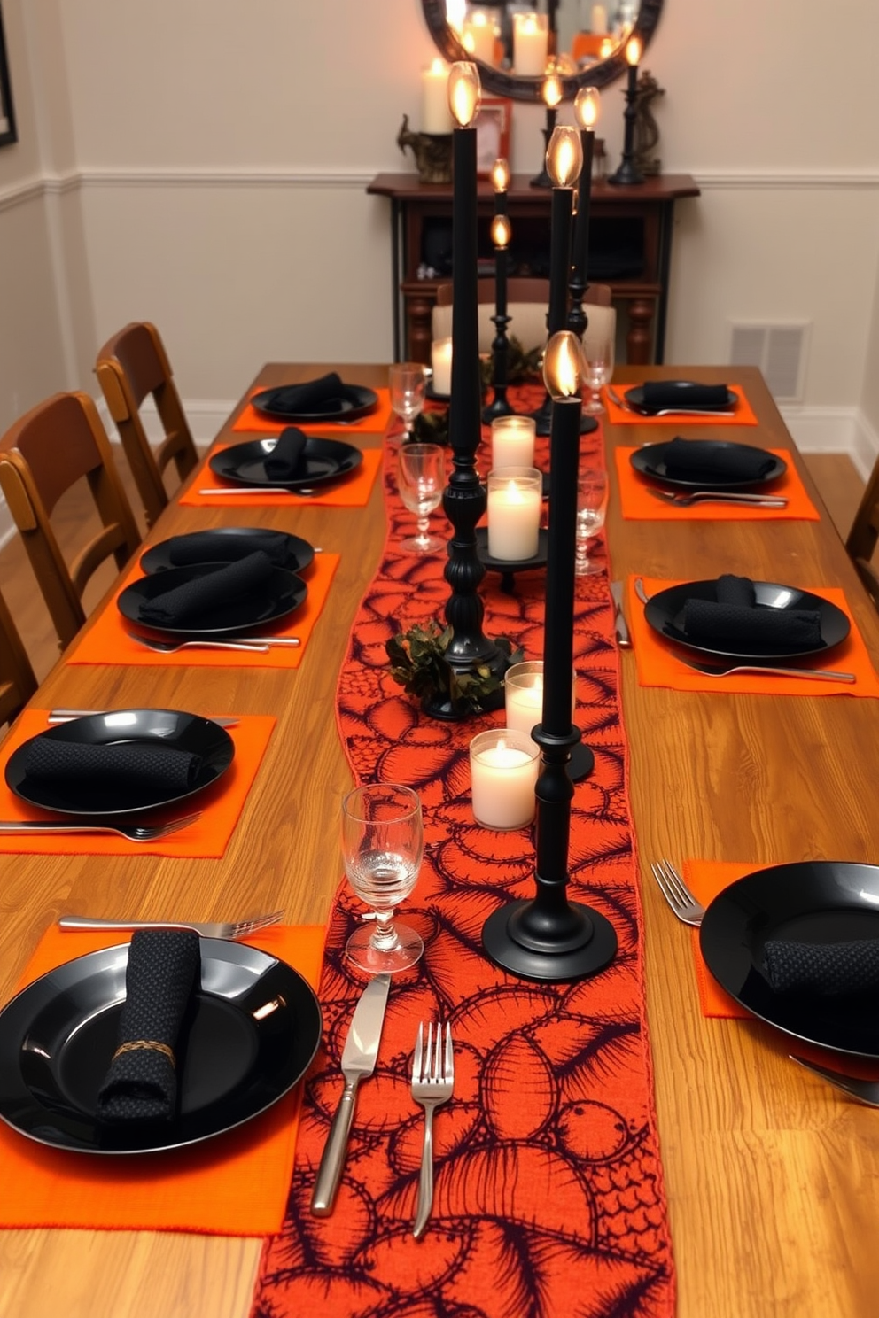 Create a festive dining setting for Halloween featuring a long wooden table adorned with orange and black table runners. The table is set with elegant black plates, silver cutlery, and flickering candle holders that add an atmospheric glow.