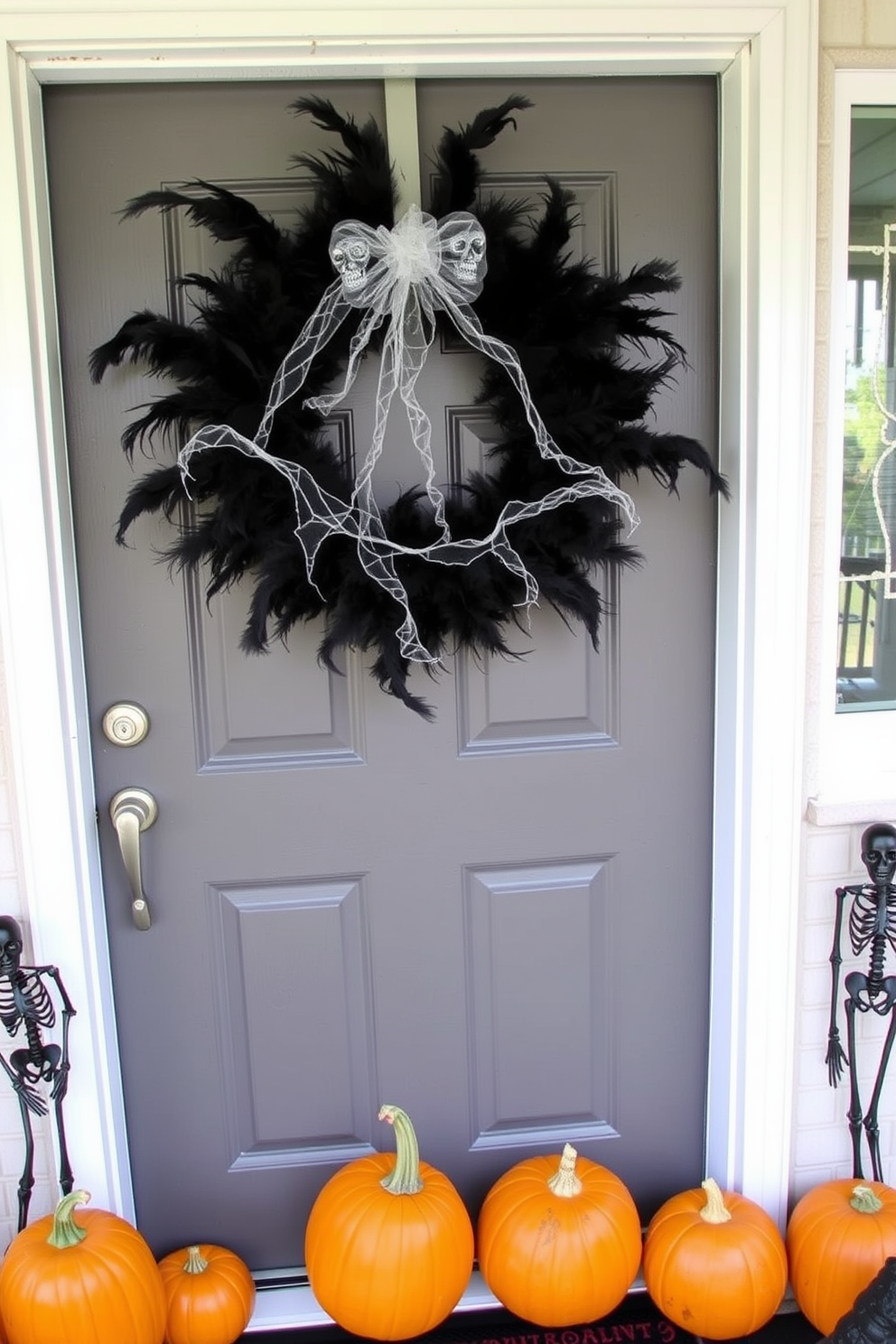 A DIY spooky wreath hangs on the front door, adorned with black feathers and artificial cobwebs. Bright orange pumpkins and eerie skeleton decorations surround the wreath, creating a festive Halloween atmosphere.