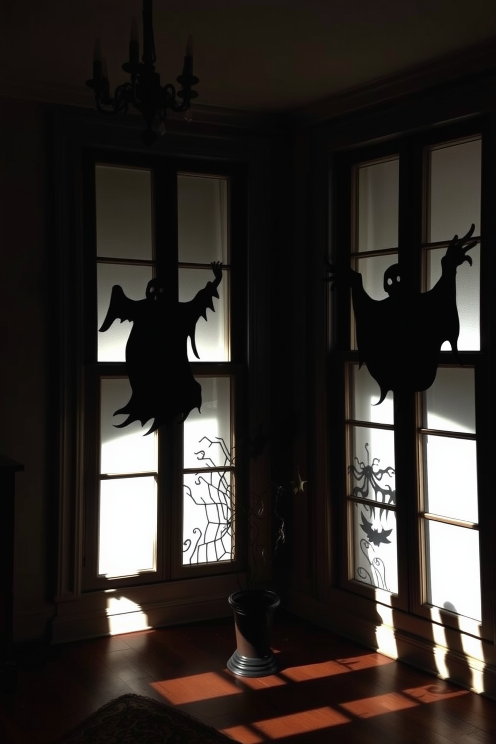 A hauntingly beautiful room adorned for Halloween. Ghostly silhouettes are artfully placed in the windows, casting eerie shadows that dance across the walls.