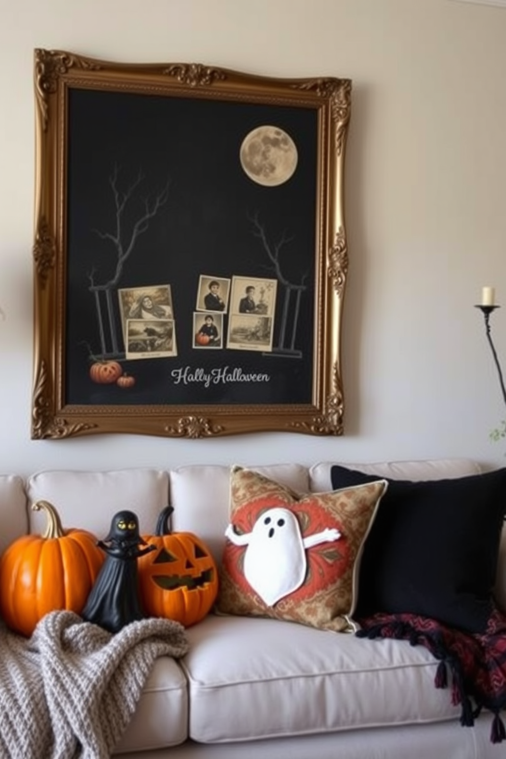 A spooky dining table setting adorned with Halloween-themed table runners and placemats. The table is set with black and orange accents, featuring ghost and pumpkin motifs that create a festive atmosphere. Candles in various heights are placed strategically along the center, casting a warm glow. Surrounding the table are mismatched chairs draped with cobwebs for an eerie touch.