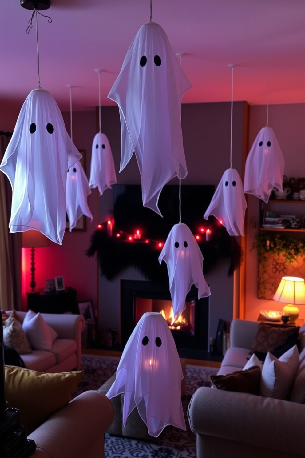 A cozy living room adorned for Halloween features ethereal floating ghosts made from sheer white fabric, suspended from the ceiling to create a whimsical atmosphere. Soft orange and purple lighting casts playful shadows, enhancing the spooky yet inviting ambiance of the space.