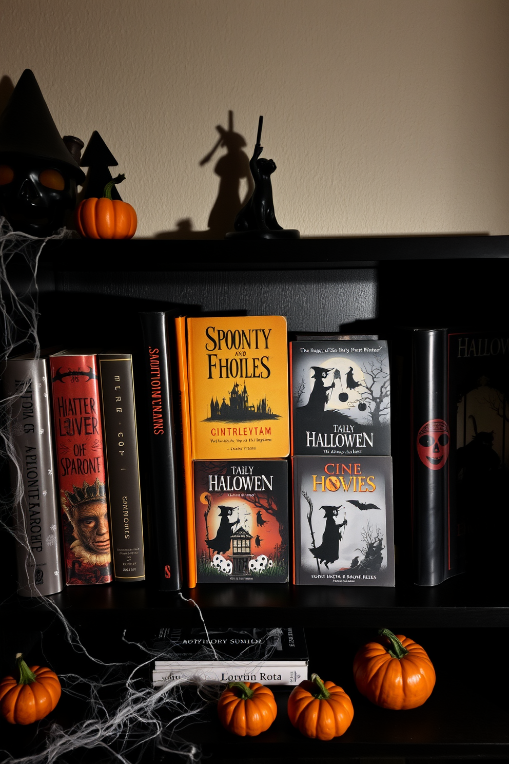 A collection of spooky themed books arranged on a dark wooden shelf. The books feature covers with haunted houses, ghosts, and witches, creating a chilling atmosphere perfect for Halloween. Surrounding the shelf are various Halloween decorations like miniature pumpkins and cobwebs. Soft, dim lighting enhances the eerie vibe, casting shadows that dance across the wall.