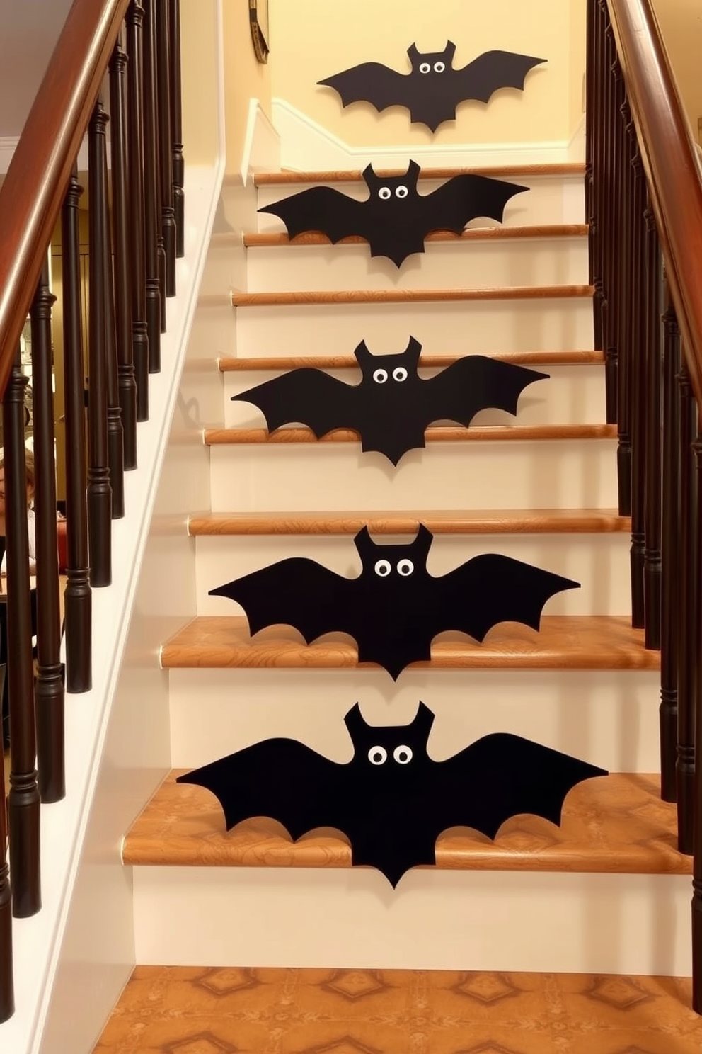 Create a whimsical Halloween staircase adorned with bat cutouts. The bats are crafted from black cardstock and are positioned at varying heights, creating a playful, spooky atmosphere.