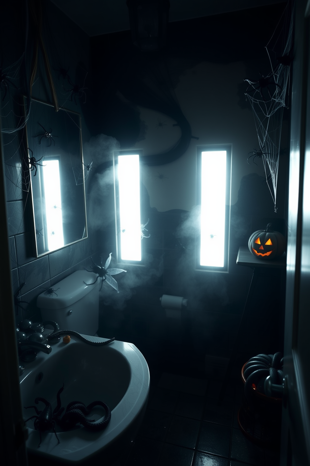 A spooky bathroom scene designed for Halloween. The walls are adorned with dark, eerie spider webs and plastic spiders, while a fog machine adds a misty atmosphere. A collection of creepy crawlies is scattered across the countertops, including rubber cockroaches and fake snakes. Dim lighting casts shadows, creating an unsettling vibe, and a jack-o'-lantern sits ominously in the corner.