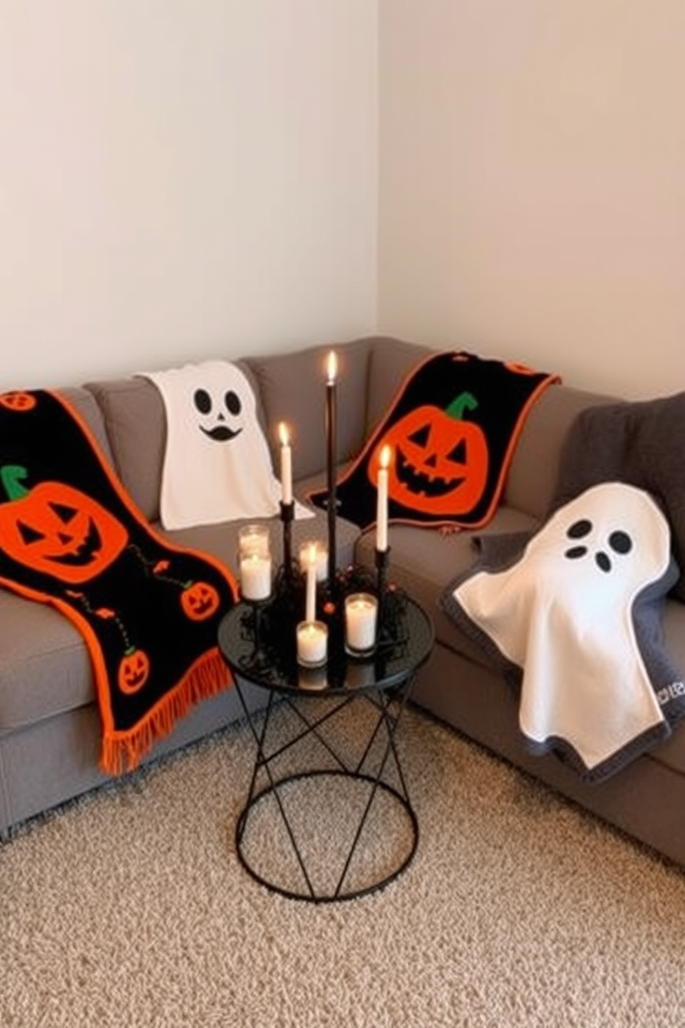 A cozy living room adorned with layered rugs featuring playful Halloween patterns. The top rug showcases whimsical pumpkins and ghosts, while the bottom rug has a subtle spider web design in darker tones. On the walls, there are art pieces depicting autumn scenes, complemented by orange and purple accents throughout the space. Soft lighting from decorative lanterns adds a warm glow, enhancing the festive atmosphere.