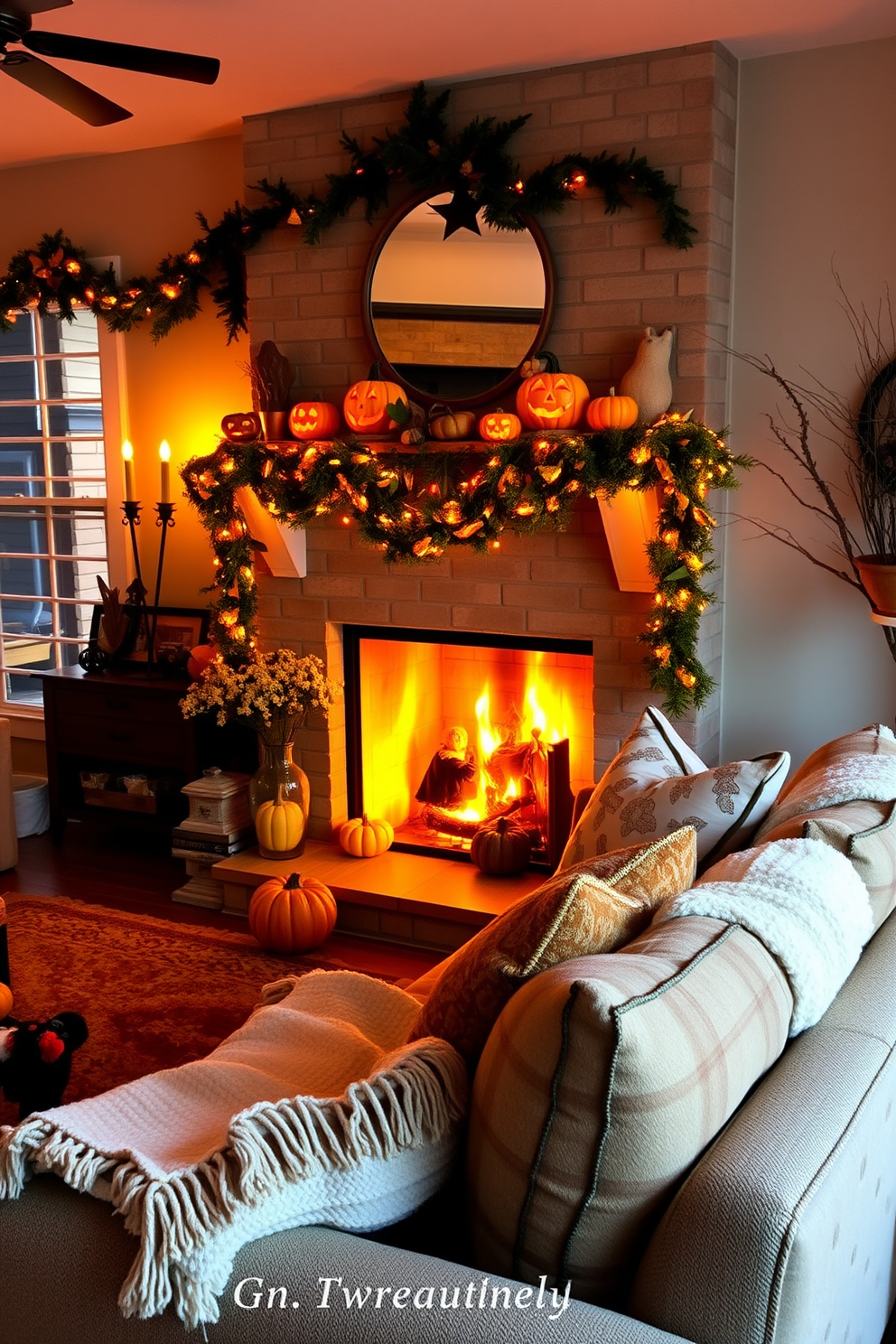 A cozy living room adorned with faux fur throws draped over a plush sectional sofa. Soft, warm lighting creates an inviting atmosphere, complemented by seasonal decor like small pumpkins and autumn leaves scattered around. For Halloween, the space features whimsical touches such as orange and black pillows, ghostly garlands hanging from the mantel, and a collection of carved pumpkins on the coffee table. The overall ambiance balances comfort with festive spirit, perfect for gatherings with friends and family.