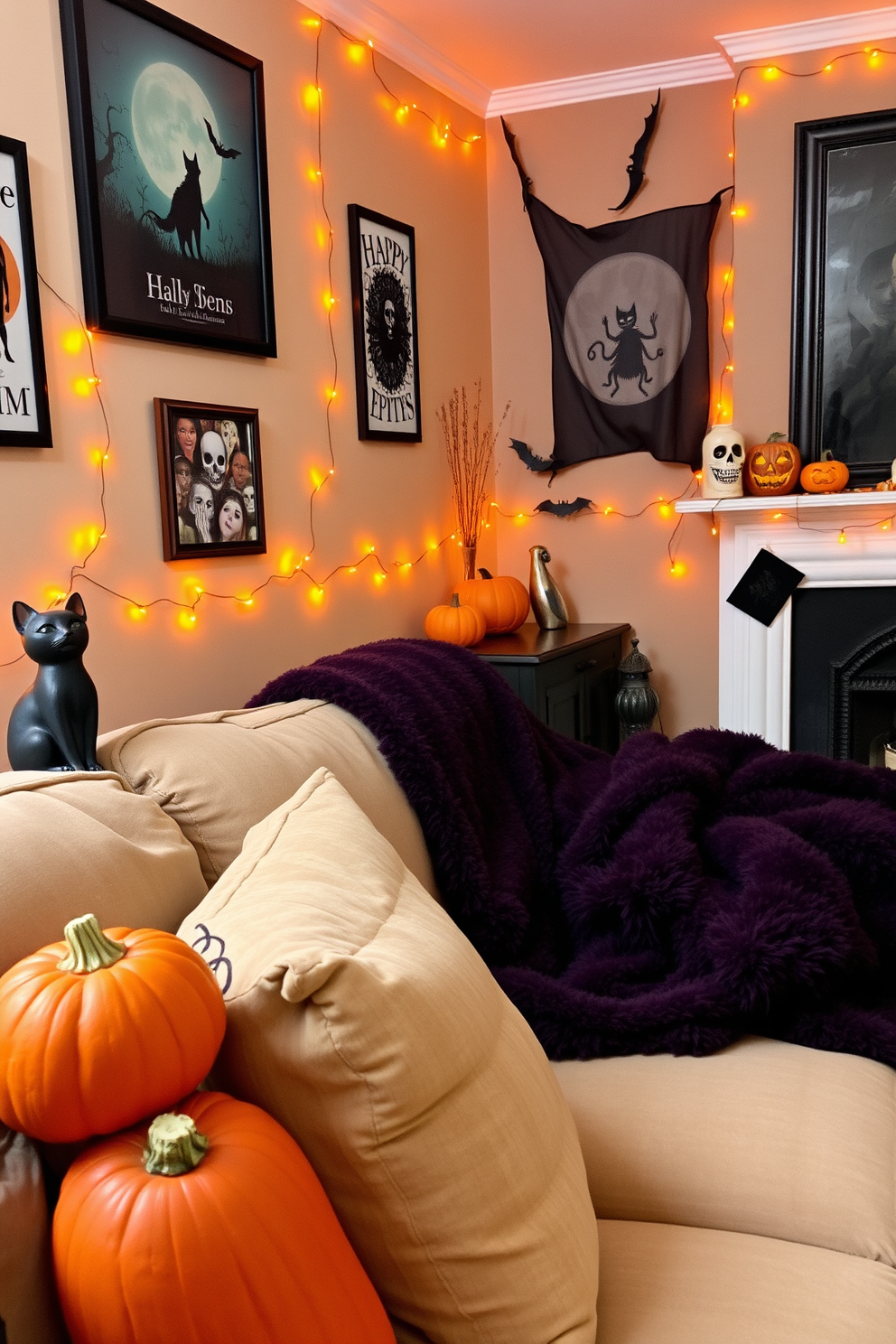 A cozy living room filled with Halloween spirit. The walls are adorned with spooky artwork and orange string lights, creating an eerie ambiance. A large black cat figurine sits on the mantelpiece next to a collection of carved pumpkins. A plush, dark purple throw blanket is draped over the couch, inviting guests to snuggle up while enjoying the festive atmosphere.