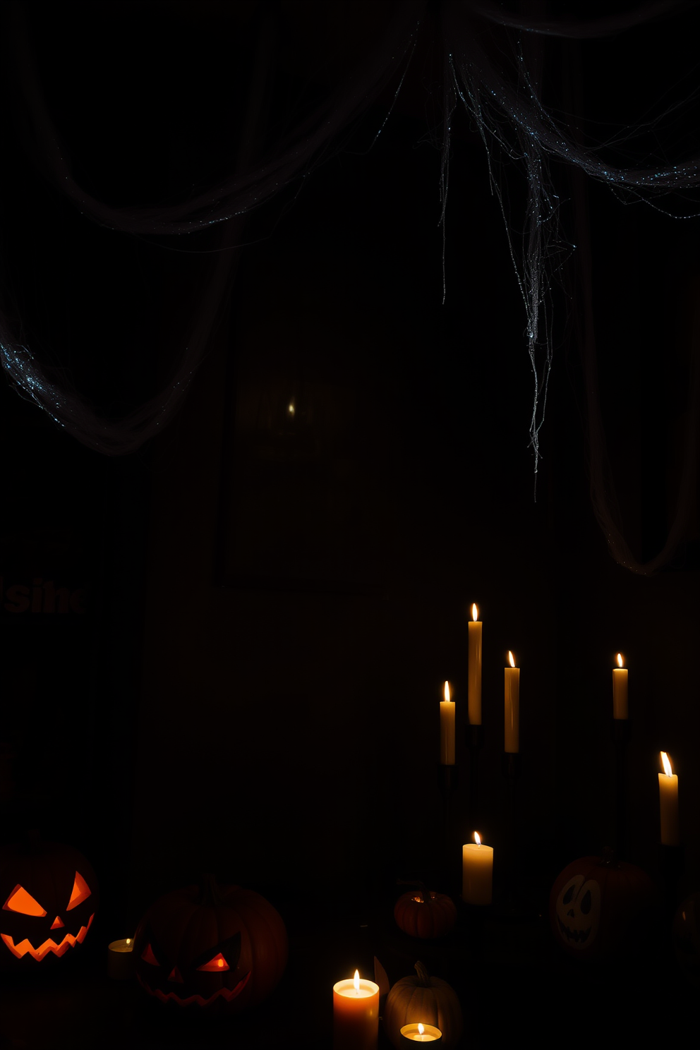 A dimly lit room filled with eerie shadows. Creepy cobwebs stretch across the corners, glistening slightly in the faint light, adding an unsettling atmosphere. Pumpkins with sinister expressions are scattered throughout the space. Flickering candles cast dancing shadows, enhancing the haunting decor.