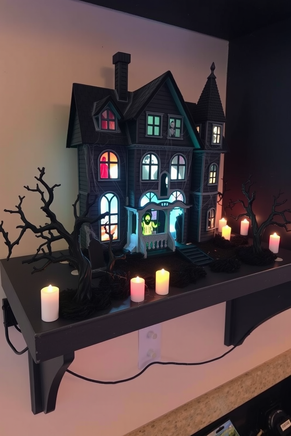 A spooky haunted house vignette sits on a shelf adorned with miniature haunted trees and flickering LED candles. Ghostly figures peek from behind cobweb-covered windows, while a tiny graveyard scene adds an eerie touch to the display.