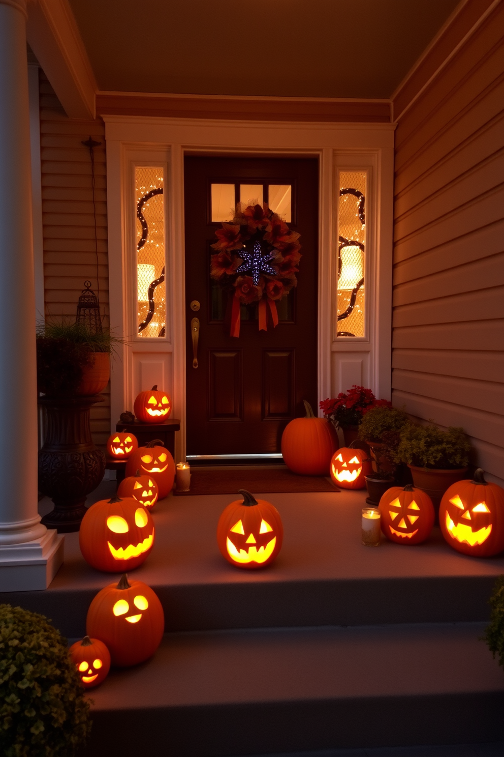 A charming porch decorated for Halloween features illuminated jack-o-lanterns of various sizes. Each pumpkin has a unique carved design, casting a warm glow that enhances the festive atmosphere.