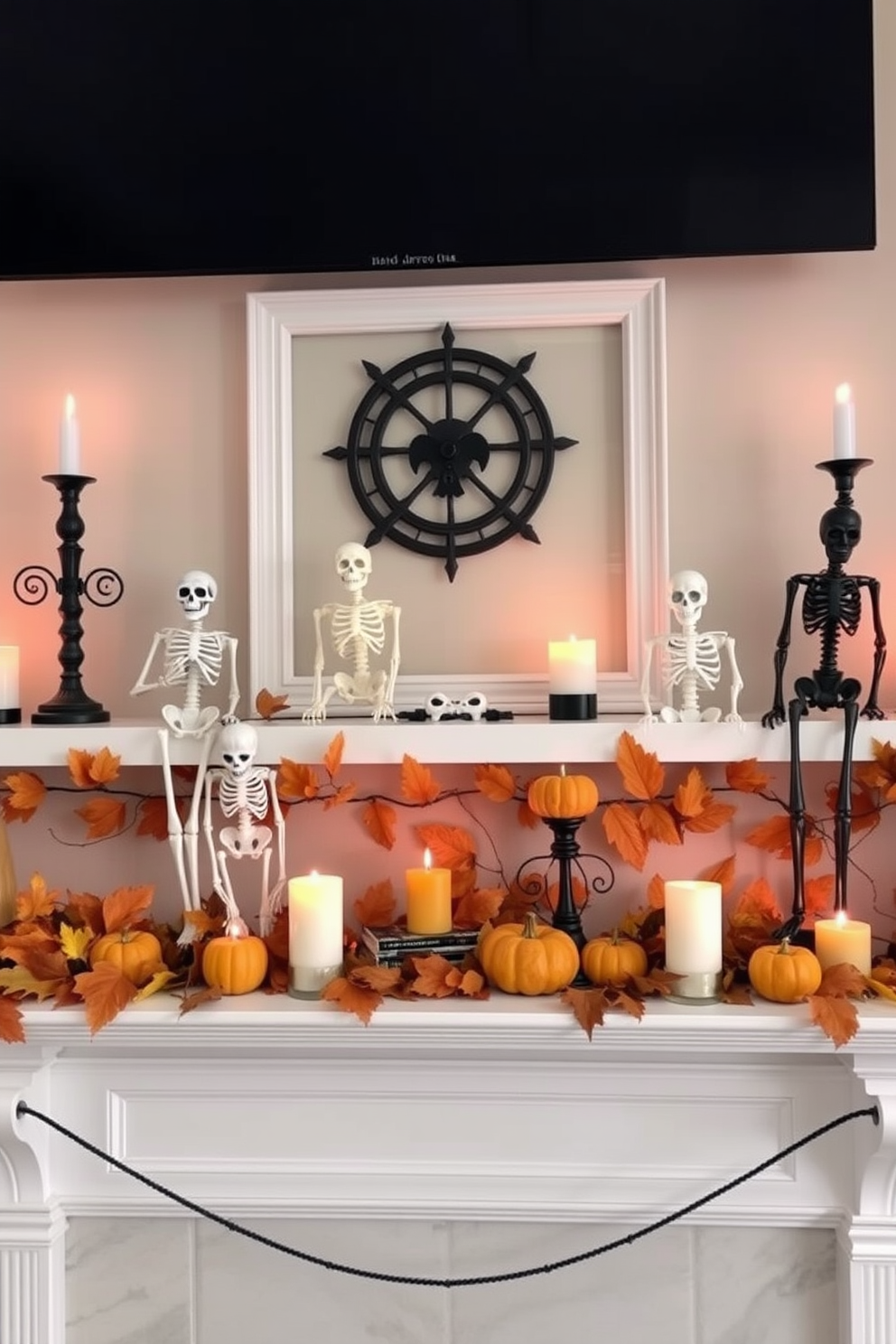 Create a cozy Halloween-themed living room featuring a mantel adorned with skeleton figurines in various poses. The mantel is decorated with autumn leaves and small pumpkins, complemented by flickering candles that cast a warm glow throughout the space.