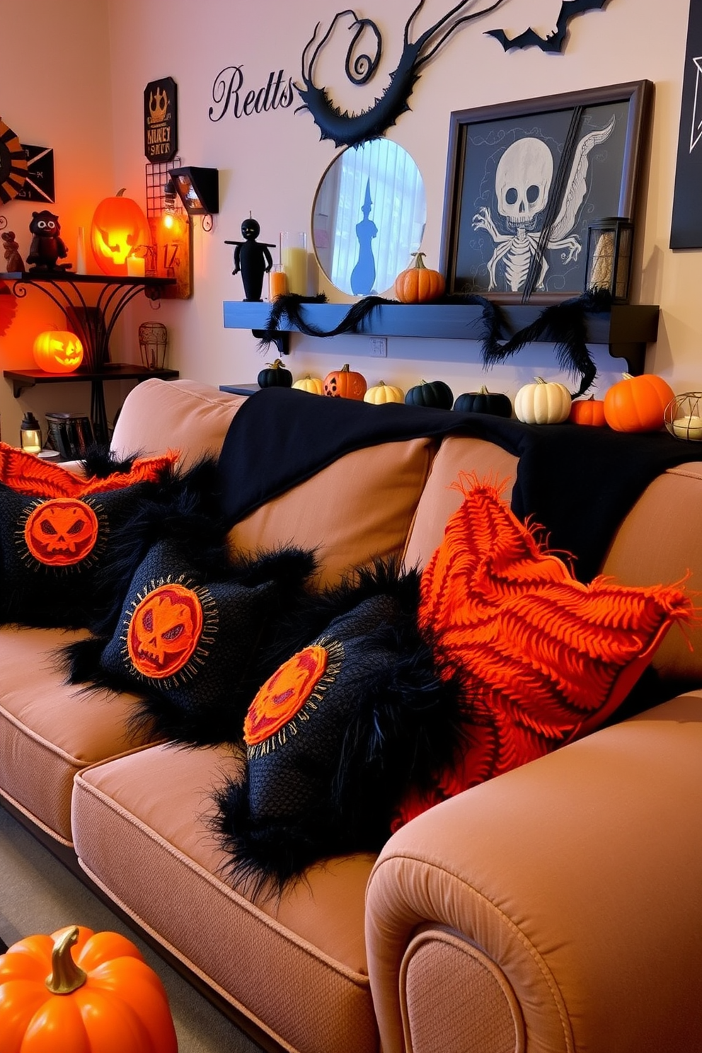 Create a cozy living room scene featuring a plush sofa adorned with black and orange throw pillows. The room is illuminated by warm lighting, with Halloween decorations such as carved pumpkins and spooky wall art enhancing the festive atmosphere.