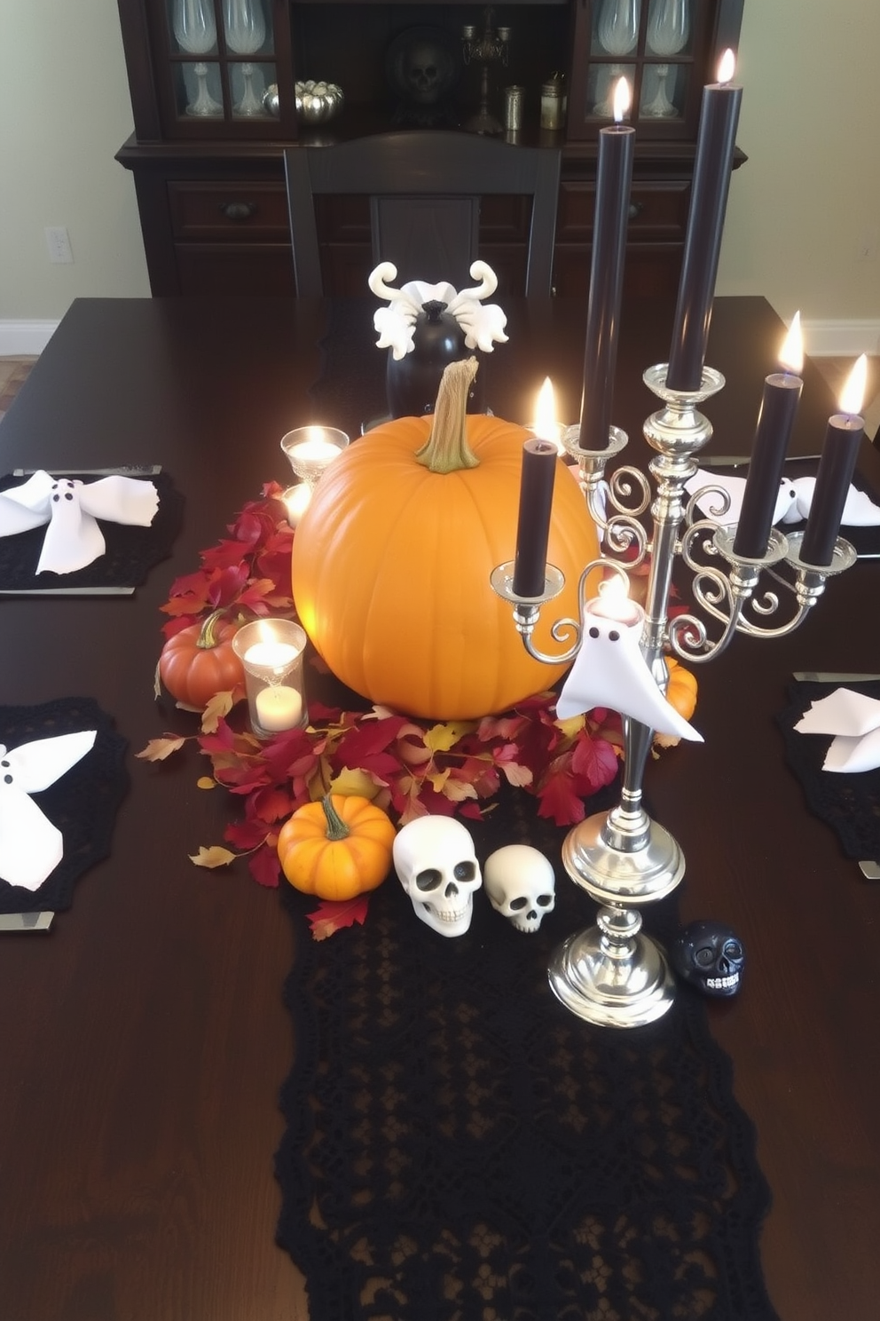 Create a Halloween-themed table centerpiece featuring a dark wooden table adorned with a black lace tablecloth. In the center, place a large, carved pumpkin surrounded by flickering candle holders and a mix of autumn leaves and small gourds. Incorporate a whimsical touch with ghost-shaped napkin holders and a silver candelabra holding black candles. Add a few decorative skulls and a spooky table runner to enhance the Halloween atmosphere.