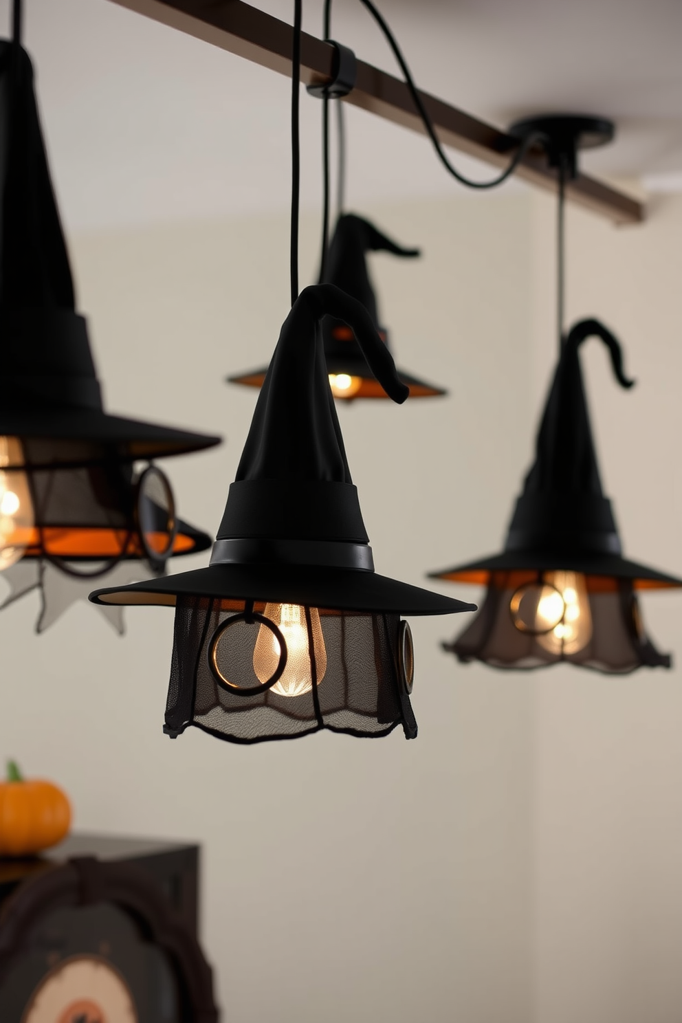 Witch hats are creatively transformed into unique lamp shades, adding a whimsical touch to your Halloween decor. These playful accents hang from pendant lights, casting enchanting shadows and setting a festive mood throughout the space.