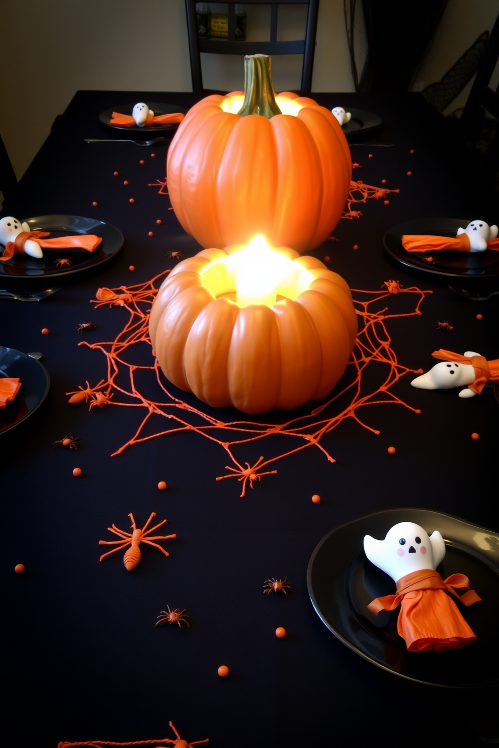 A spooky black and orange table setting for Halloween features a dark tablecloth adorned with orange spiderwebs and small plastic spiders scattered across the surface. The centerpiece is a carved pumpkin with a flickering candle inside, surrounded by black and orange dinnerware and eerie ghost-shaped napkin holders.