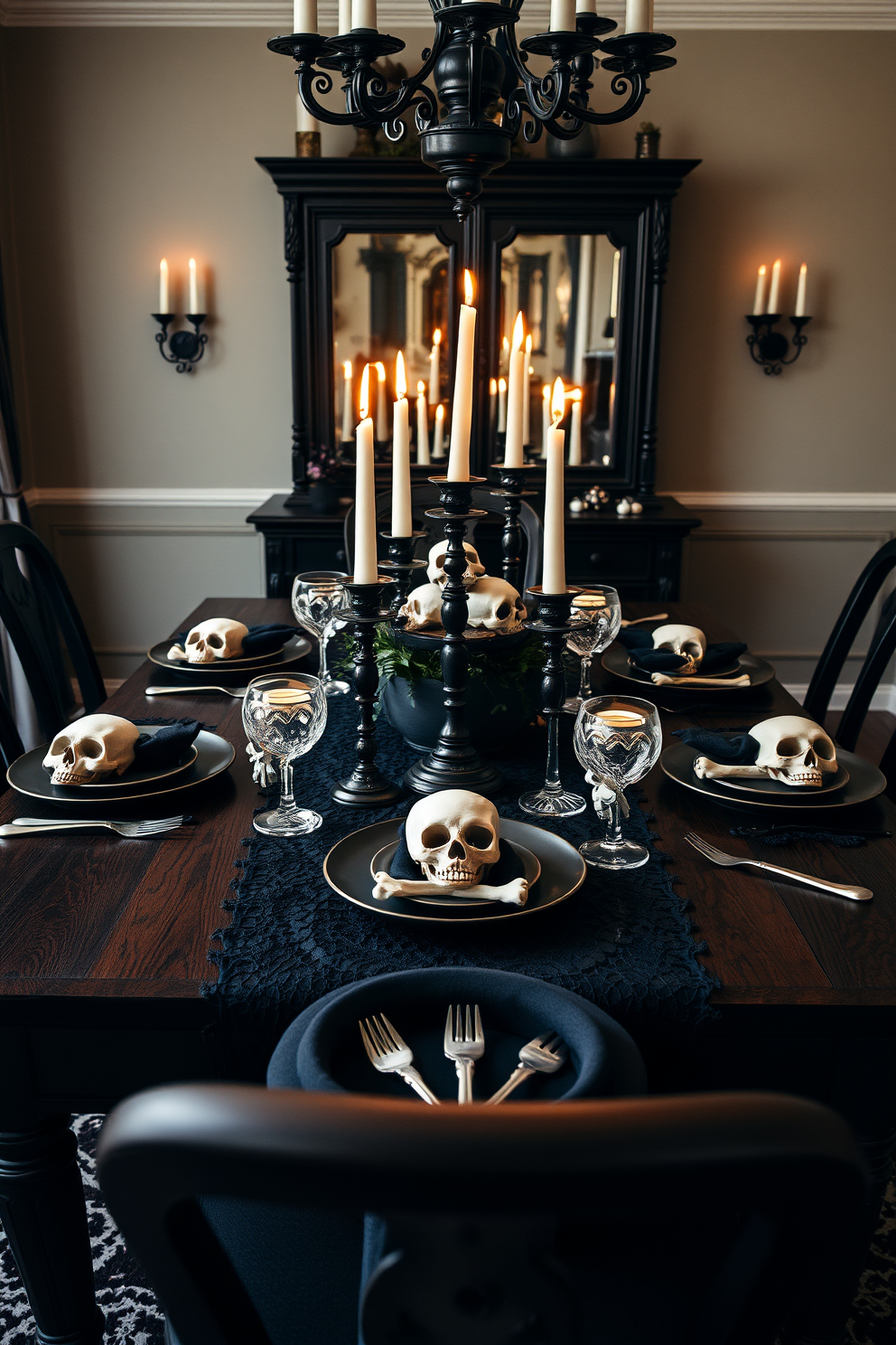 A whimsical dining room setting for Halloween. The ceiling is adorned with hanging bats of various sizes, creating a playful and festive atmosphere. The dining table is set with black and orange tableware, complemented by flickering candlelight. Spooky centerpieces featuring pumpkins and cobwebs enhance the seasonal theme.