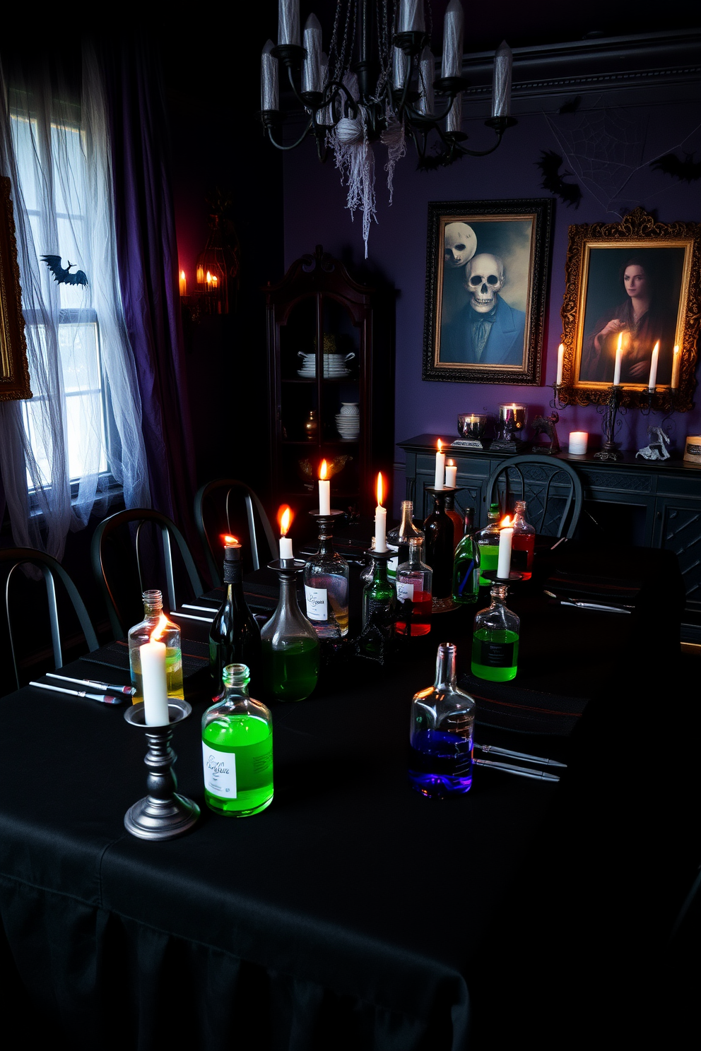 A Halloween dining room setting filled with mysterious potion bottles as decor. The table is adorned with an elegant black tablecloth, and various potion bottles of different shapes and sizes are scattered across the center, each filled with colorful liquids. Candles flicker in the dim light, casting eerie shadows on the walls decorated with cobwebs and spooky artwork. Dark, moody colors dominate the space, with deep purples and blacks complemented by accents of silver and gold for a touch of sophistication.