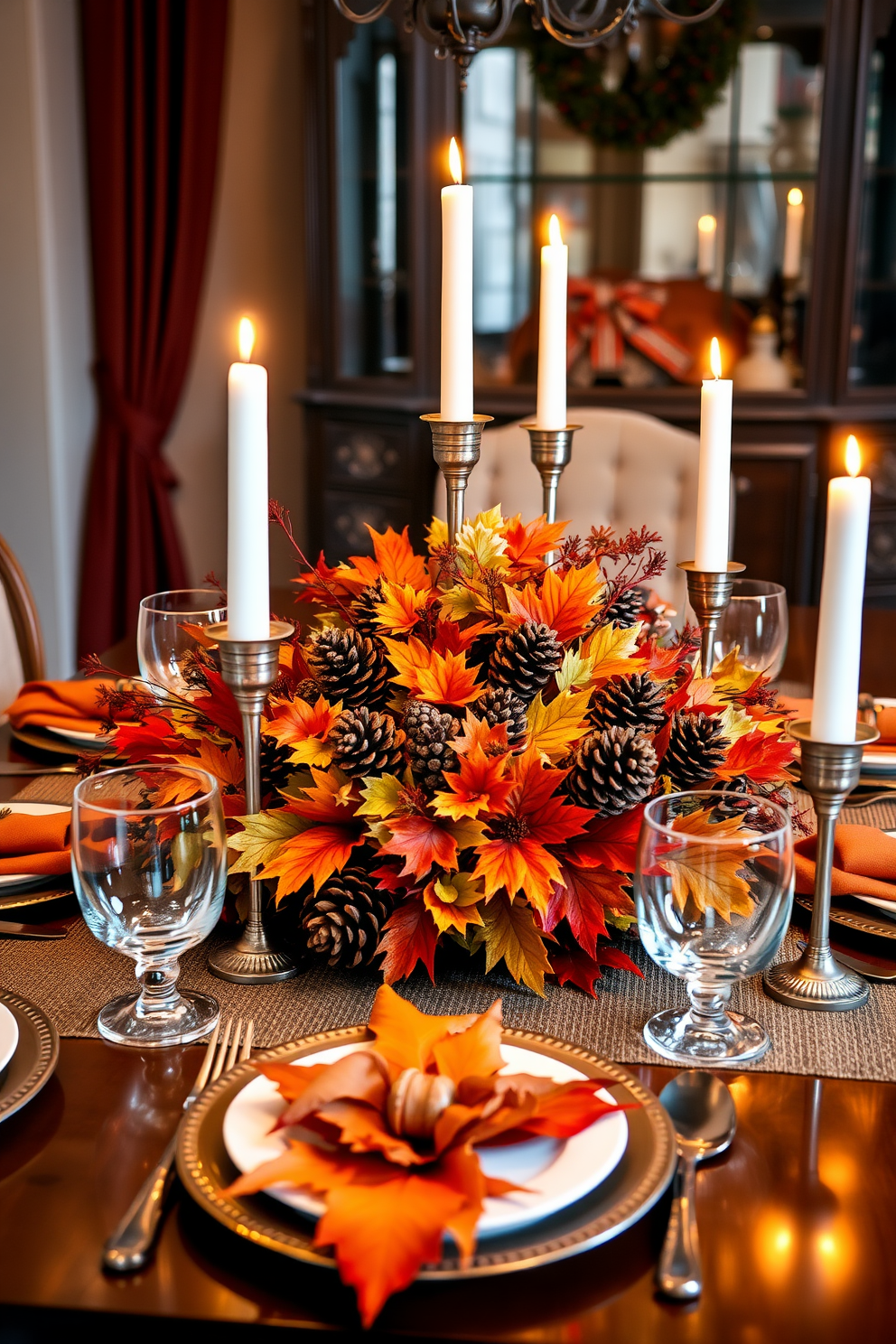 A beautifully arranged dining table adorned with a centerpiece made of vibrant autumn leaves and rustic pinecones. The table is set with elegant dinnerware, and flickering candles create a warm and inviting atmosphere for Halloween festivities.