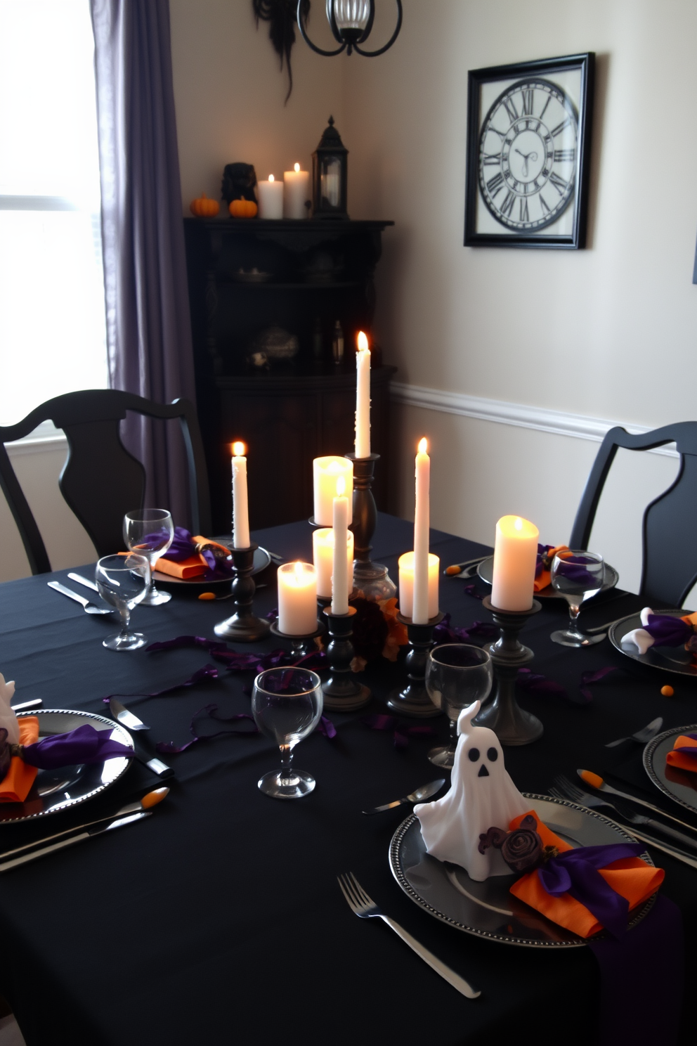 A charming dining room setting for Halloween. The walls are adorned with a chalkboard menu featuring spooky dishes, surrounded by festive decorations like cobwebs and miniature pumpkins. A long wooden dining table is set with black and orange tableware. Flickering candlelight adds an eerie ambiance, while ghostly table runners flow down the center of the table.