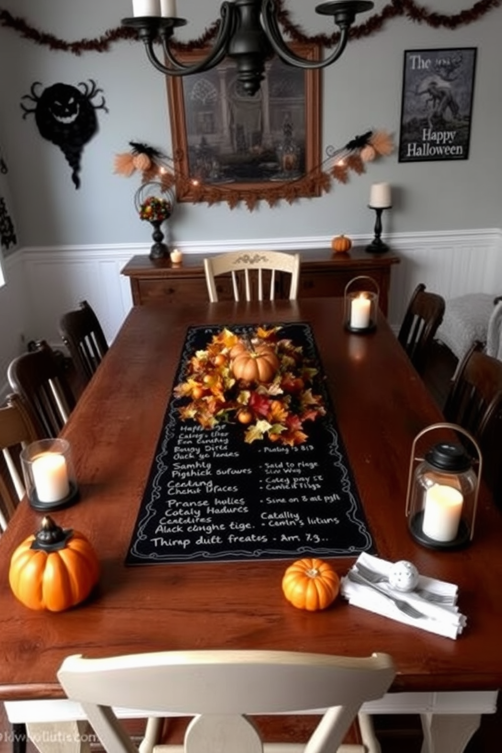 Miniature tombstones scattered across a black tablecloth create an eerie yet playful atmosphere for a Halloween dining room. Each tombstone features whimsical inscriptions and is surrounded by flickering LED candles to enhance the spooky ambiance. A centerpiece of a larger tombstone stands proudly in the middle, adorned with faux cobwebs and small plastic spiders. Dark, moody lighting casts shadows, adding to the haunting charm of the dining experience.