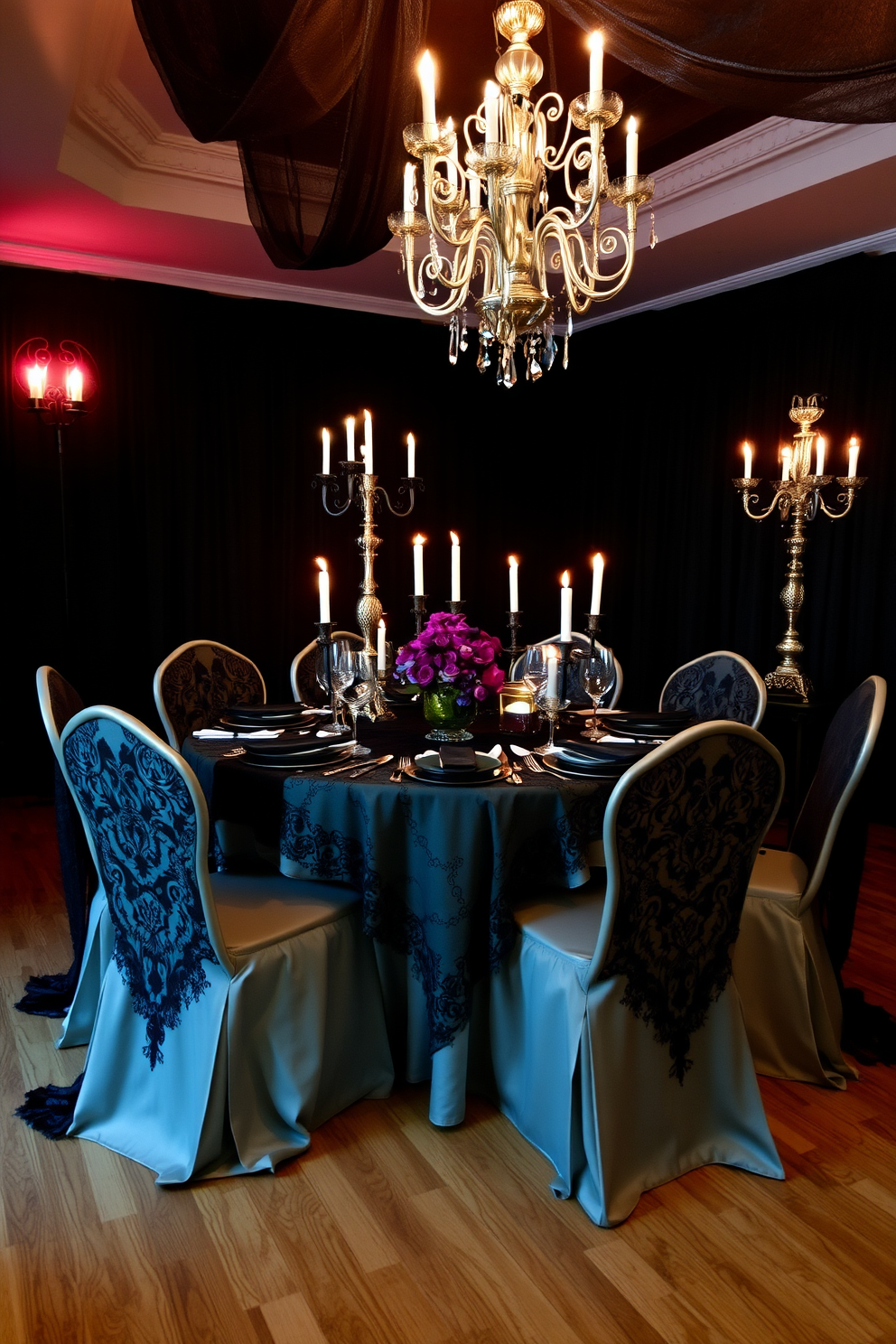 A dramatic dining room setting featuring gothic black lace overlays draped elegantly over the tables. The room is adorned with dark, moody colors, complemented by flickering candlelight and ornate candelabras to enhance the Halloween atmosphere.