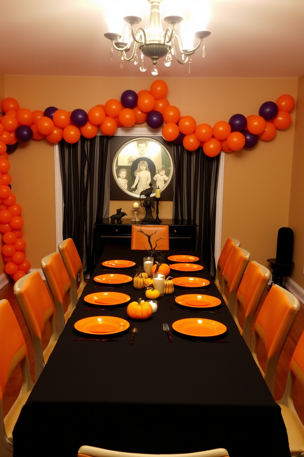 A Halloween dining room setting featuring elegant glass cloches filled with spooky items such as miniature skeletons and eerie candles. The table is adorned with a black tablecloth and surrounded by ghost-themed place settings, creating a whimsical yet sophisticated atmosphere.