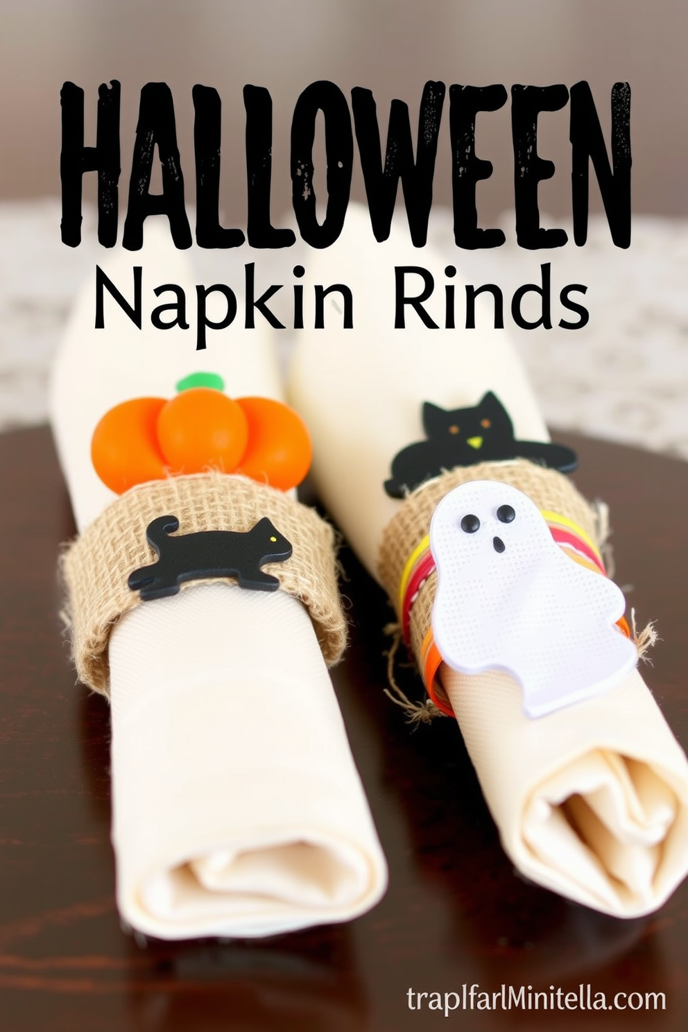 Create a set of Halloween-themed napkin rings that feature whimsical designs such as miniature pumpkins, black cats, and ghosts. Each napkin ring should be crafted from natural materials like burlap or twine, adorned with vibrant autumn colors to enhance the festive dining experience.